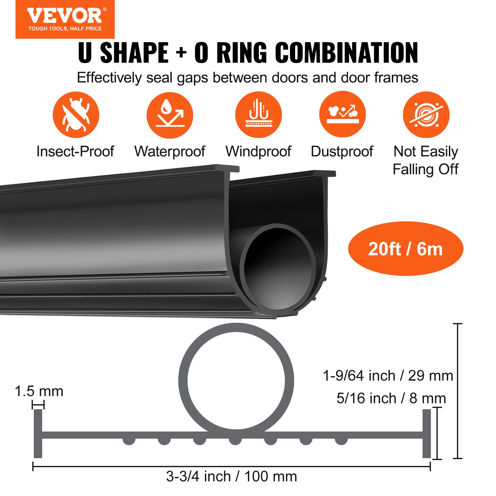 Garage Door Seals Bottom Rubber, U Shape +O Ring Combination Garage Door Bottom Weather Seal, 20ft Weatherproofing Garage Door Seal, 5/16 inch T-ends and 3 3/4 inch Width, for Doors, Black - Image 2