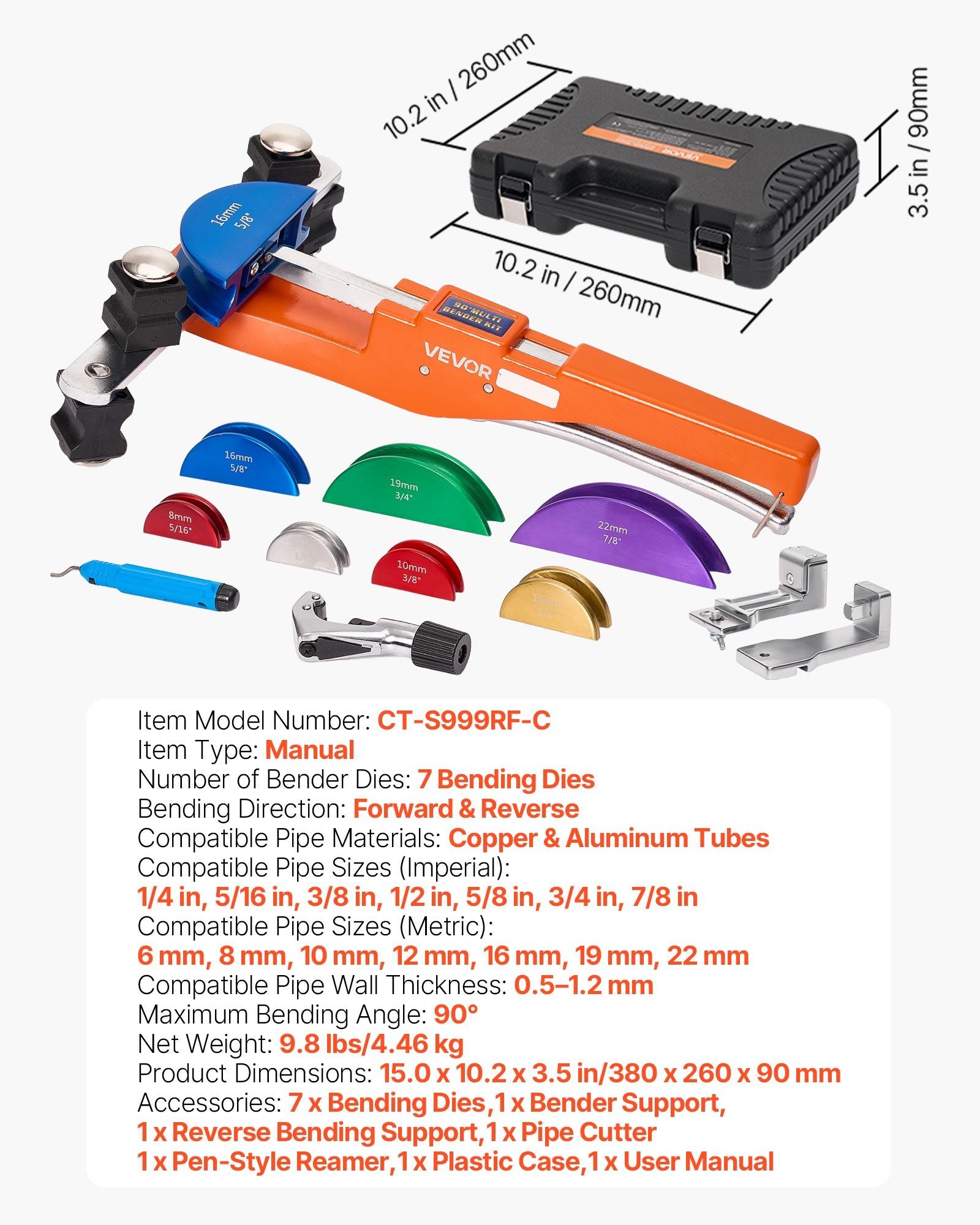 Tubing Bender Kit, 6 mm to 22 mm, Compact Ratcheting Tube Pipe Bender, Forward/Reverse Hand Bending Tool, with 7 Color Aluminium Alloy Dies, for Copper HVAC Air Conditioning Refrigeration Repair - Image 7