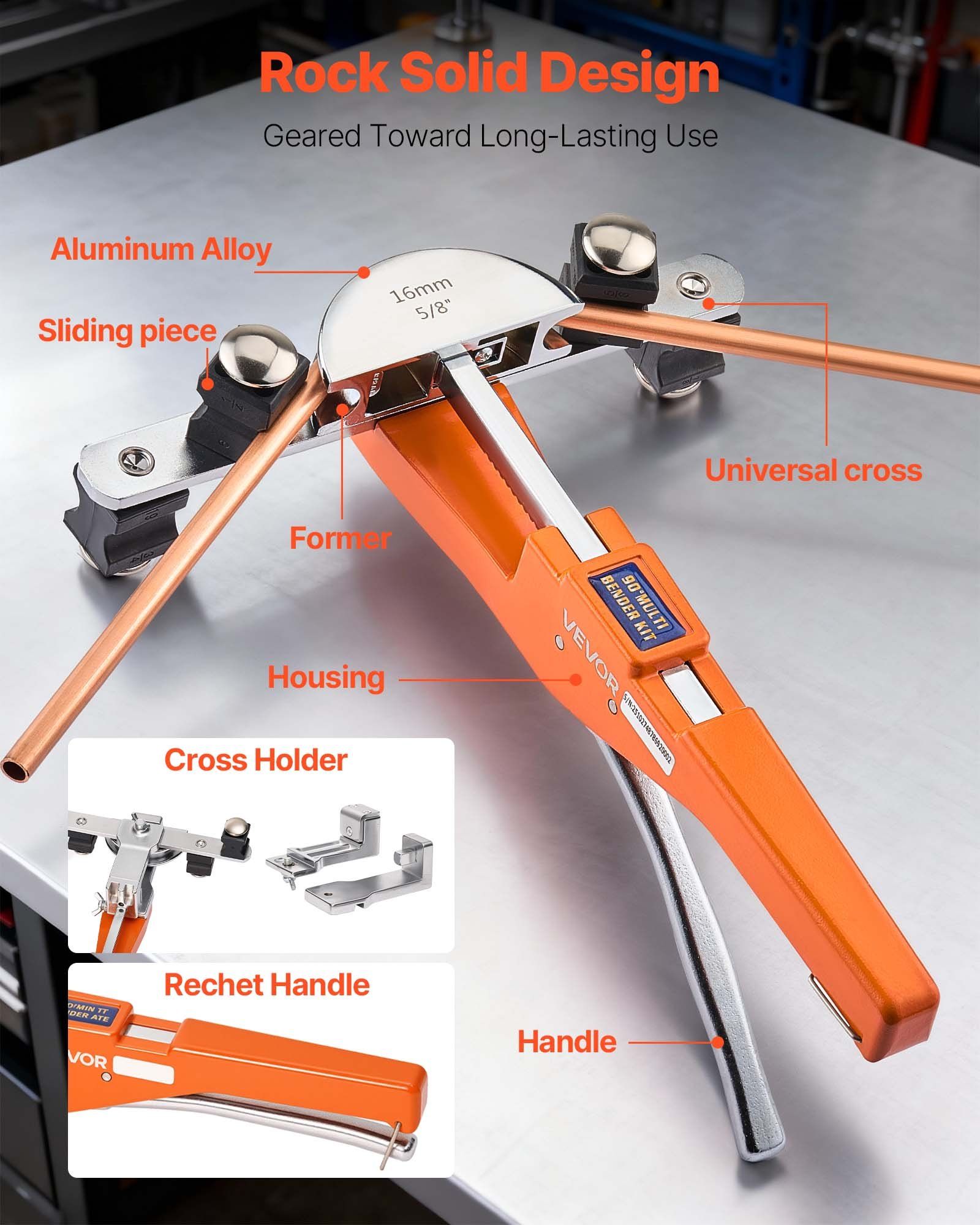 Tubing Bender Kit, 6 mm to 22 mm, Compact Ratcheting Tube Pipe Bender, Forward/Reverse Hand Bending Tool, with 7 Aluminium Alloy Dies, for Copper HVAC Air Conditioning Refrigeration Auto Repair - Image 5