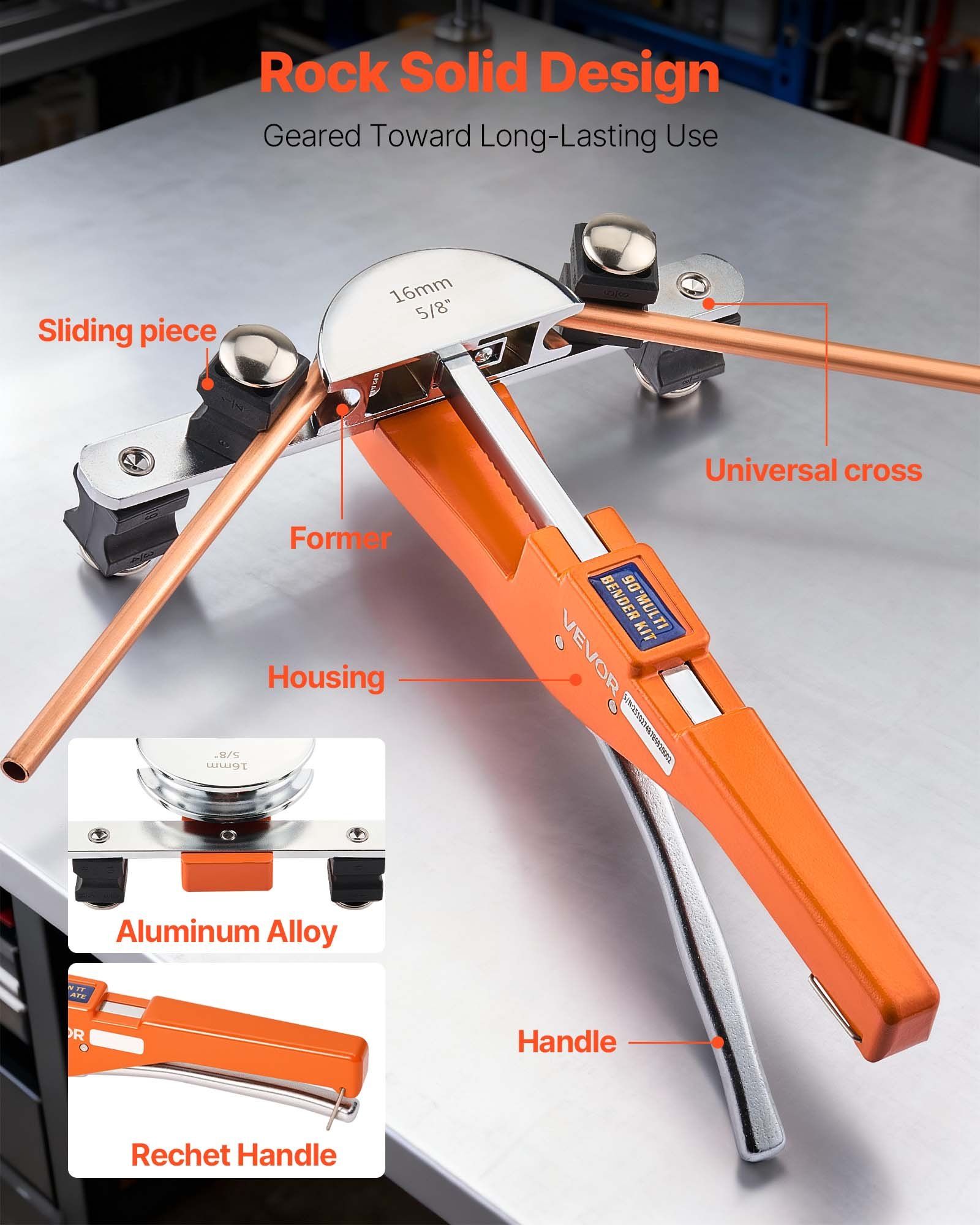 Tubing Bender Kit, 6 mm to 22 mm, Compact Ratcheting Tube Pipe Bender, Ratchet Hand Bending Tool, with 7 Aluminium Alloy Dies, HVAC Tools, for Copper Aluminum HVAC Refrigeration Maintenance - Image 5