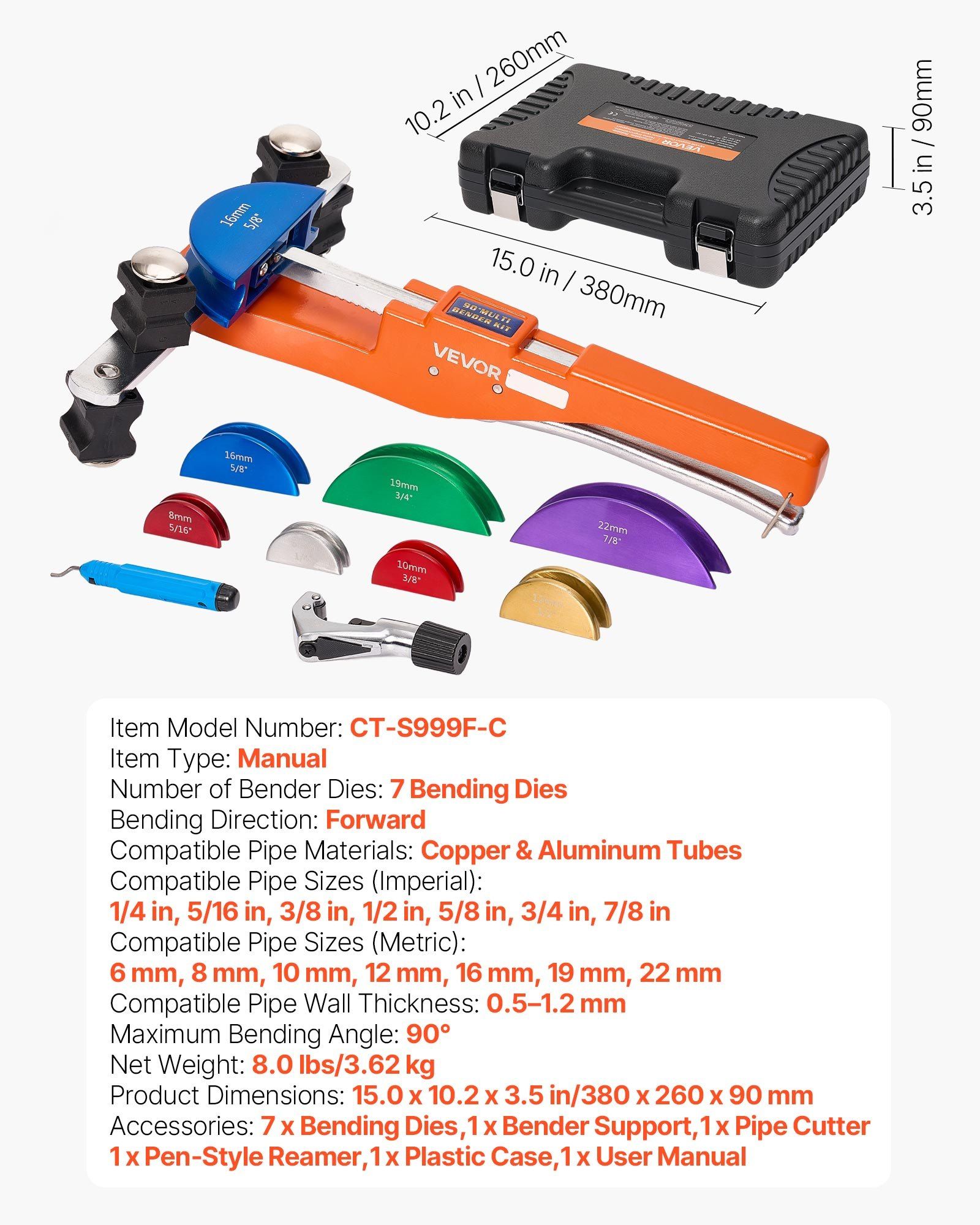 Tubing Bender Kit, 6 mm to 22 mm, Compact Ratcheting Tube Pipe Bender, Ratchet Hand Bending Tool, with 7 Color Aluminium Alloy Dies, HVAC Tools, for Copper HVAC Air Conditioning Refrigeration - Image 7