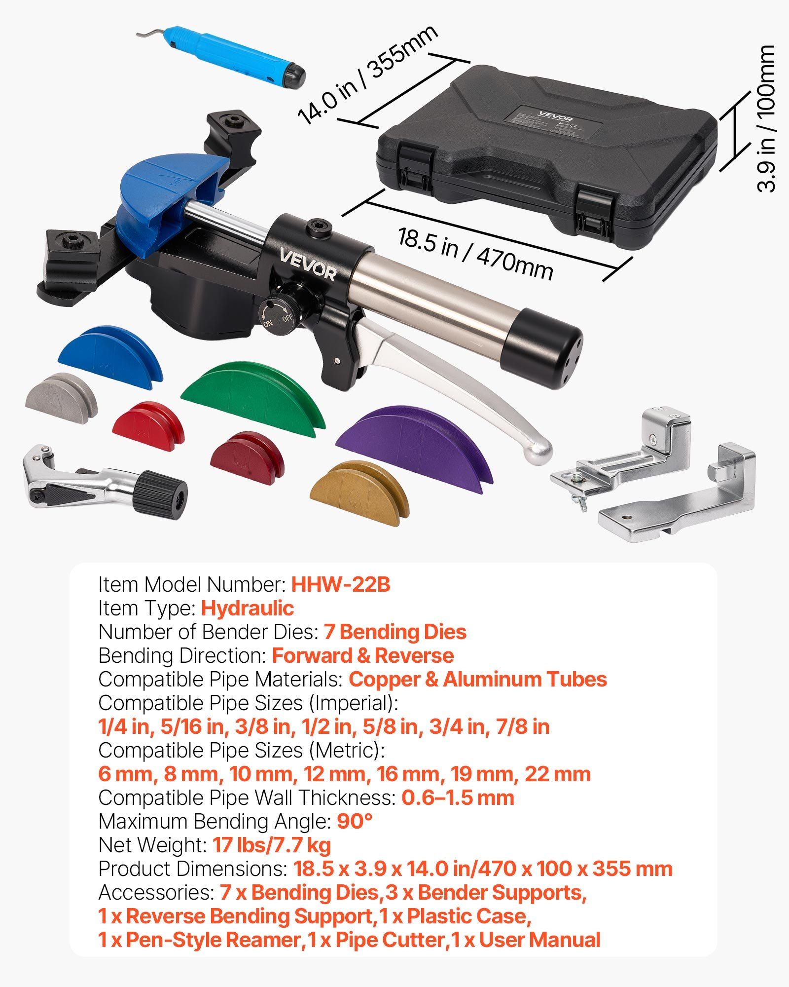 Hydraulic Tubing Bender Kit, 6 mm to 22 mm, Copper Tube Pipe Bender, Forward/Reverse HVAC Bending Tool, with 7 Color Aluminium Alloy Dies, for HVAC Air Conditioning Refrigeration Auto Repair - Image 7