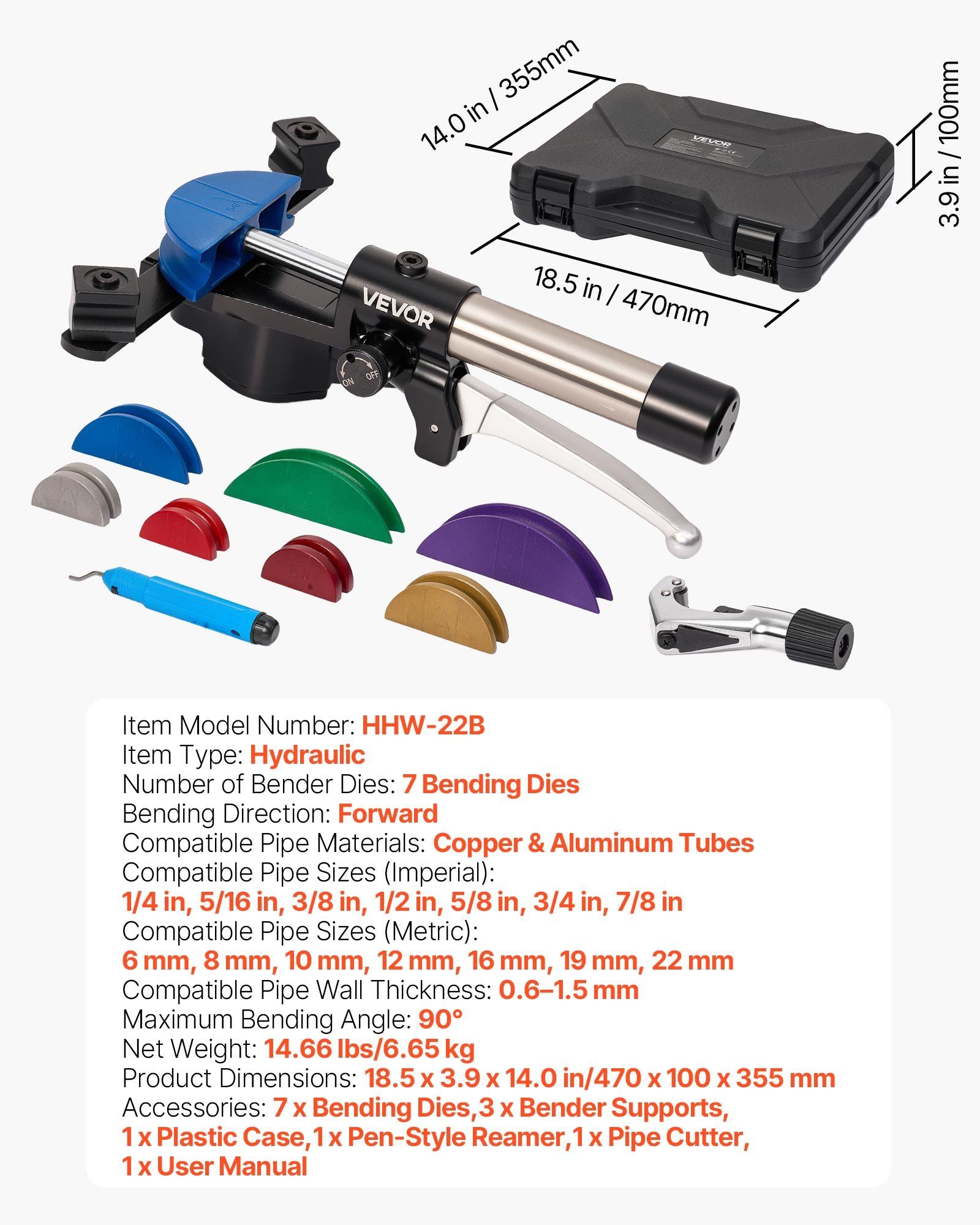 Hydraulic Tubing Bender Kit, 6 mm to 22 mm, Copper Tube Pipe Bender, HVAC Bending Tool Set, 90° Bend, with 7 Color Aluminium Alloy Dies, for HVAC Air Conditioning Refrigeration Automotive Repair - Image 7