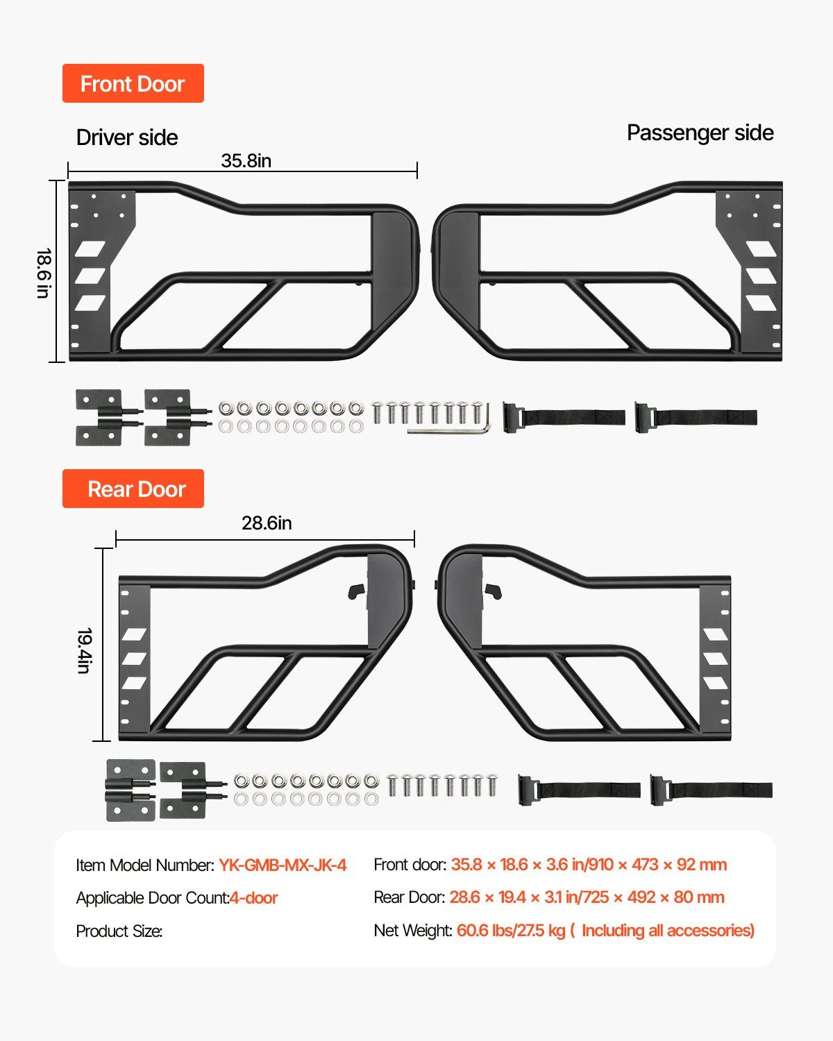 Jeep Tube Doors, 4-Door, Adventure Style Jeep Tubular Door with Heavy-Duty Hinges & OE Latch, Jeep Doors with Rubber Pads & Toughened Steel Tube, Fit for 2007-2018 Jeep Wrangler JK - Image 7
