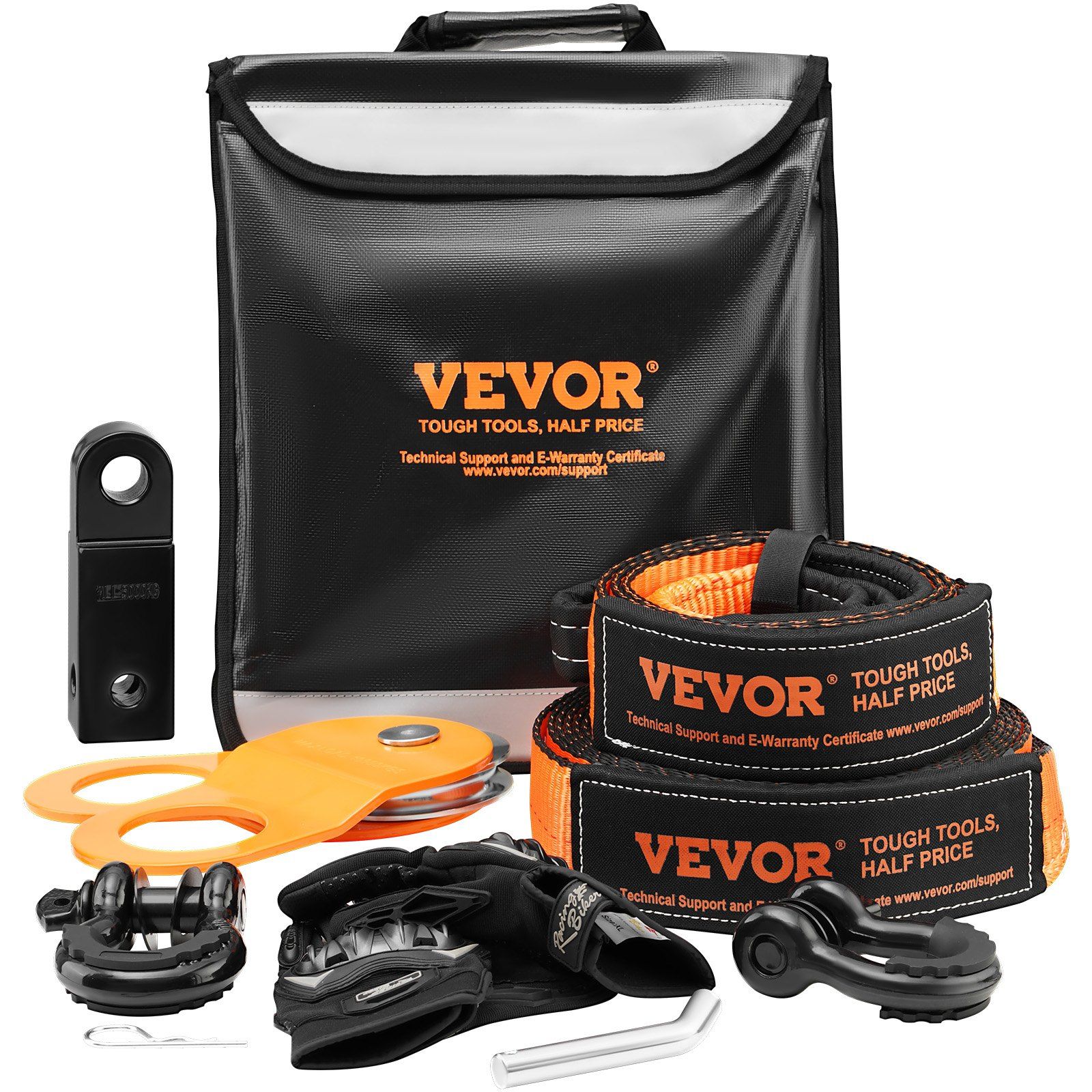 Off-Road Recovery Kit, 7.6 x 914.4 cm, Heavy Duty Winch Recovery Kit with 13608 kg Tow Straps, 20T D-Ring Shackles, Shackle Receiver, Snatch Block Pulley, Gloves, Storage Bag for ATV Jeep Truck - Image 1