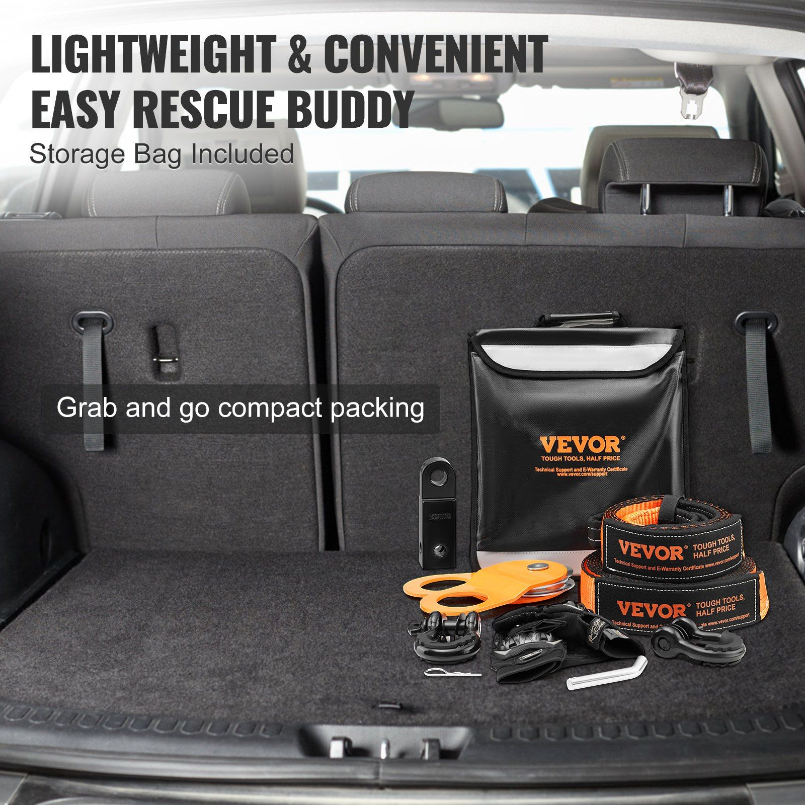 Off-Road Recovery Kit, 7.6 x 914.4 cm, Heavy Duty Winch Recovery Kit with 13608 kg Tow Straps, 20T D-Ring Shackles, Shackle Receiver, Snatch Block Pulley, Gloves, Storage Bag for ATV Jeep Truck - Image 4