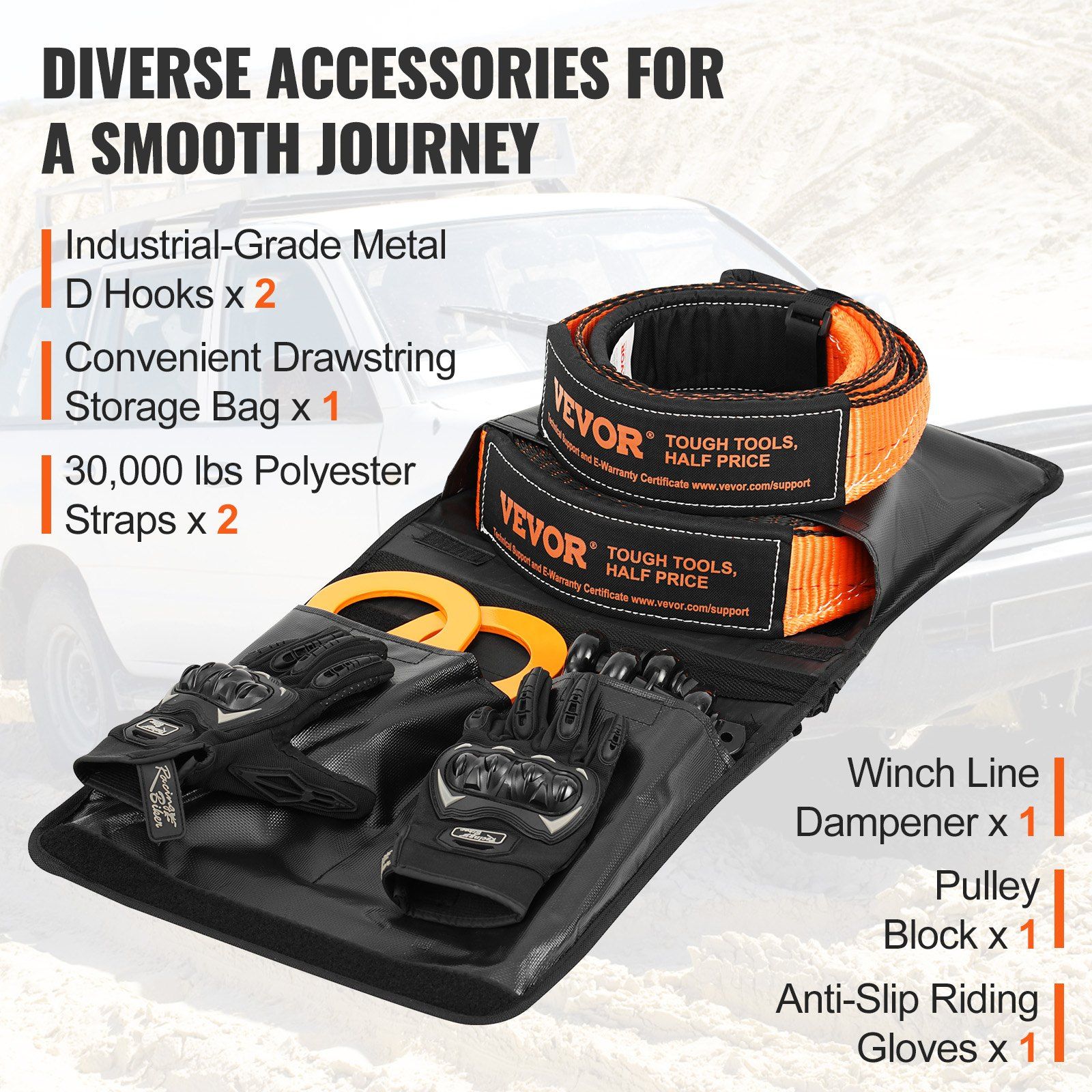 Off-Road Recovery Kit, 7.6 x 914.4 cm, Heavy Duty Winch Recovery Kit with 13608 kg Tow Straps, 20T D-Ring Shackles, Shackle Receiver, Snatch Block Pulley, Gloves, Storage Bag for ATV Jeep Truck - Image 5
