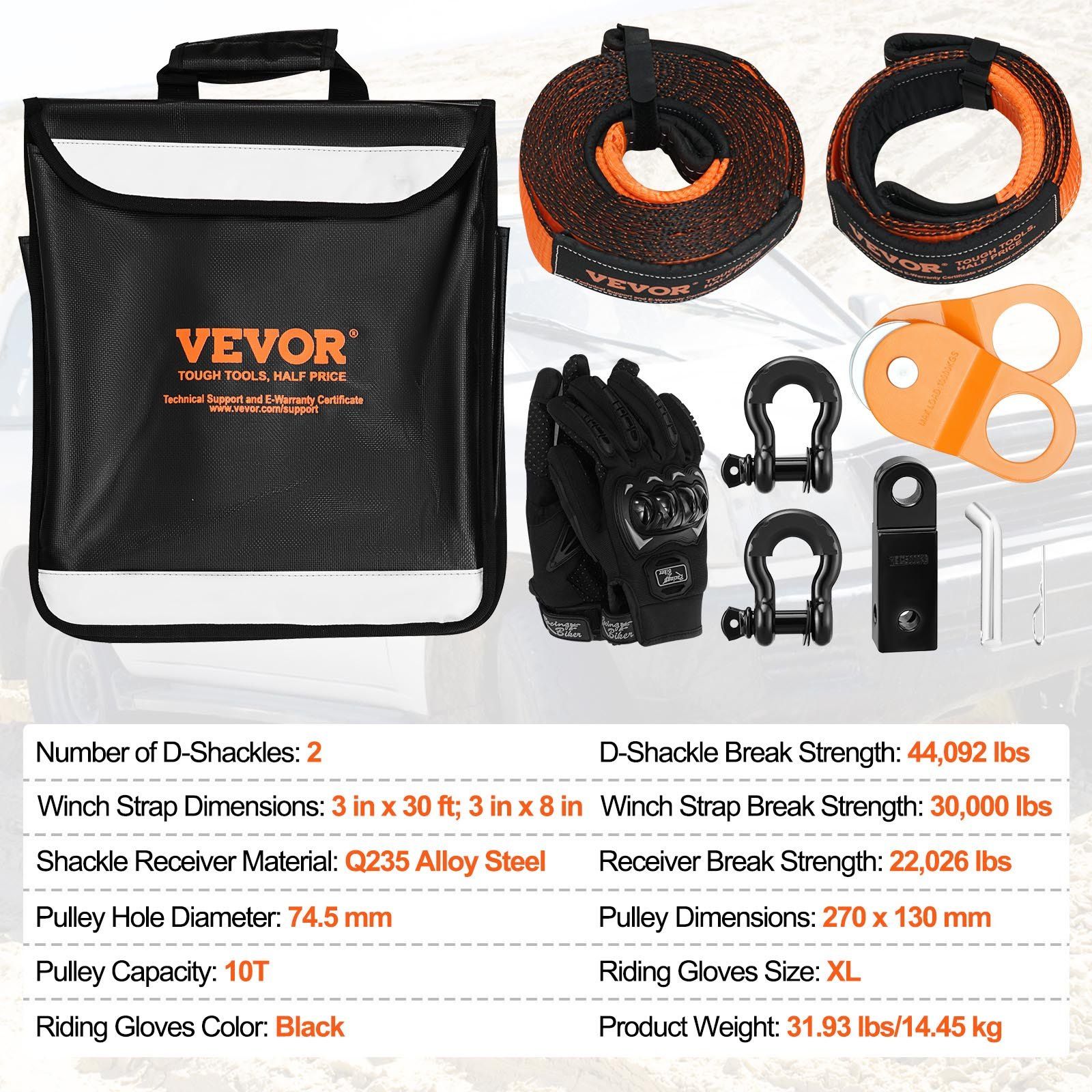Off-Road Recovery Kit, 7.6 x 914.4 cm, Heavy Duty Winch Recovery Kit with 13608 kg Tow Straps, 20T D-Ring Shackles, Shackle Receiver, Snatch Block Pulley, Gloves, Storage Bag for ATV Jeep Truck - Image 7