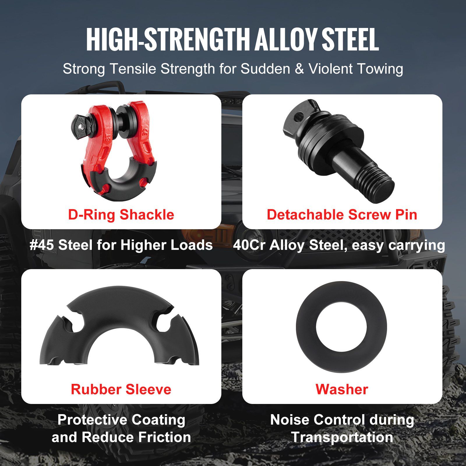 D-Ring Shackle, 2 Pack 19.05 mm Alloy Steel Shackles 30 Ton Break Strength with 22 mm Screw Pin, Isolators & Washers Kit, Heavy Duty Off Road Vehicle Recovery Shackle for Jeep and Truck, Red - Image 3