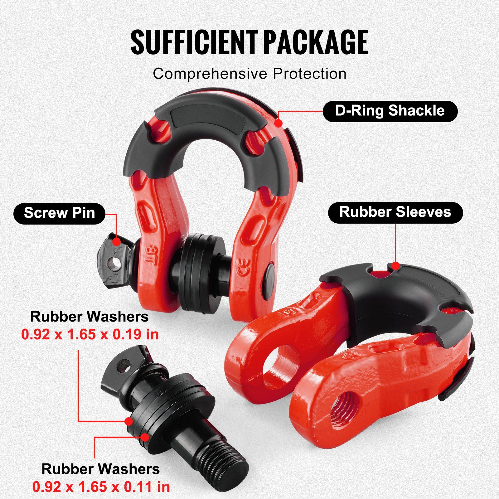 D-Ring Shackle, 2 Pack 19.05 mm Alloy Steel Shackles 30 Ton Break Strength with 22 mm Screw Pin, Isolators & Washers Kit, Heavy Duty Off Road Vehicle Recovery Shackle for Jeep and Truck, Red - Image 5