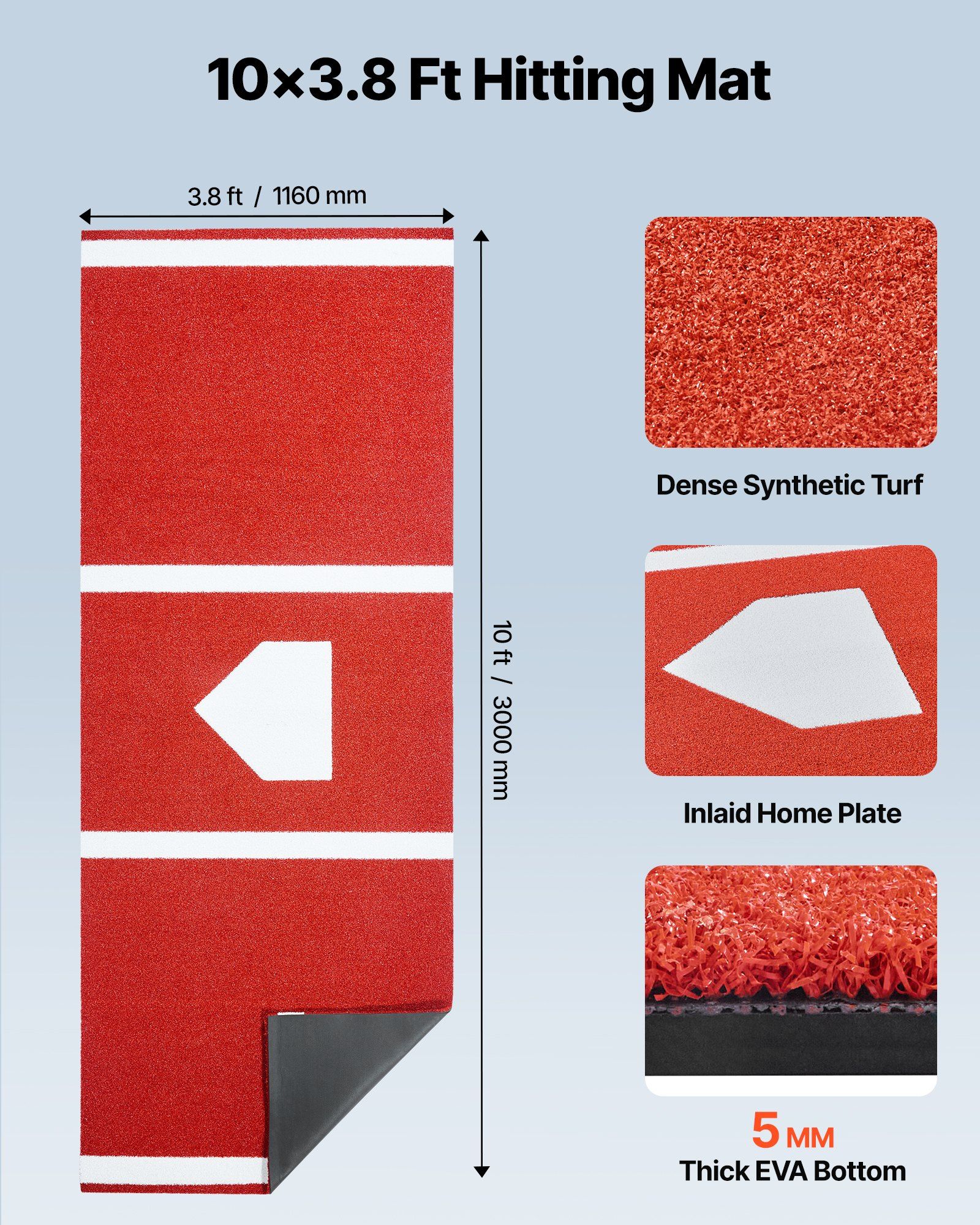 Baseball Hitting Mat, 300x116cm Batting Cage Mat, Batters Box Turf Mats, Softball Batting Practice Equipment with Home Plate and Anti Fade Turf, Portable Training Aid for Indoor Outdoor, Red - Image 2