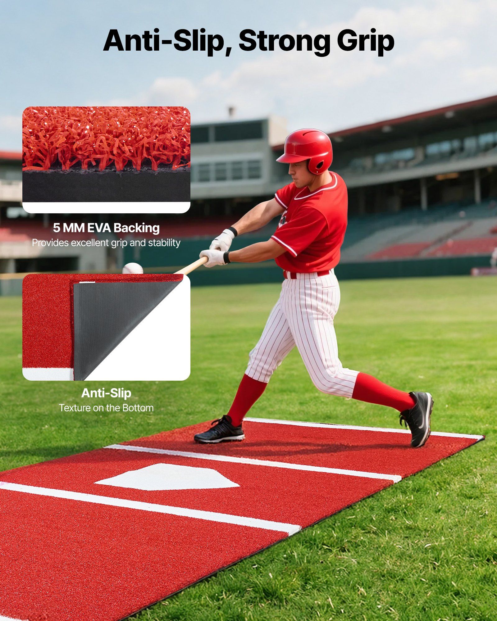 Baseball Hitting Mat, 300x116cm Batting Cage Mat, Batters Box Turf Mats, Softball Batting Practice Equipment with Home Plate and Anti Fade Turf, Portable Training Aid for Indoor Outdoor, Red - Image 4