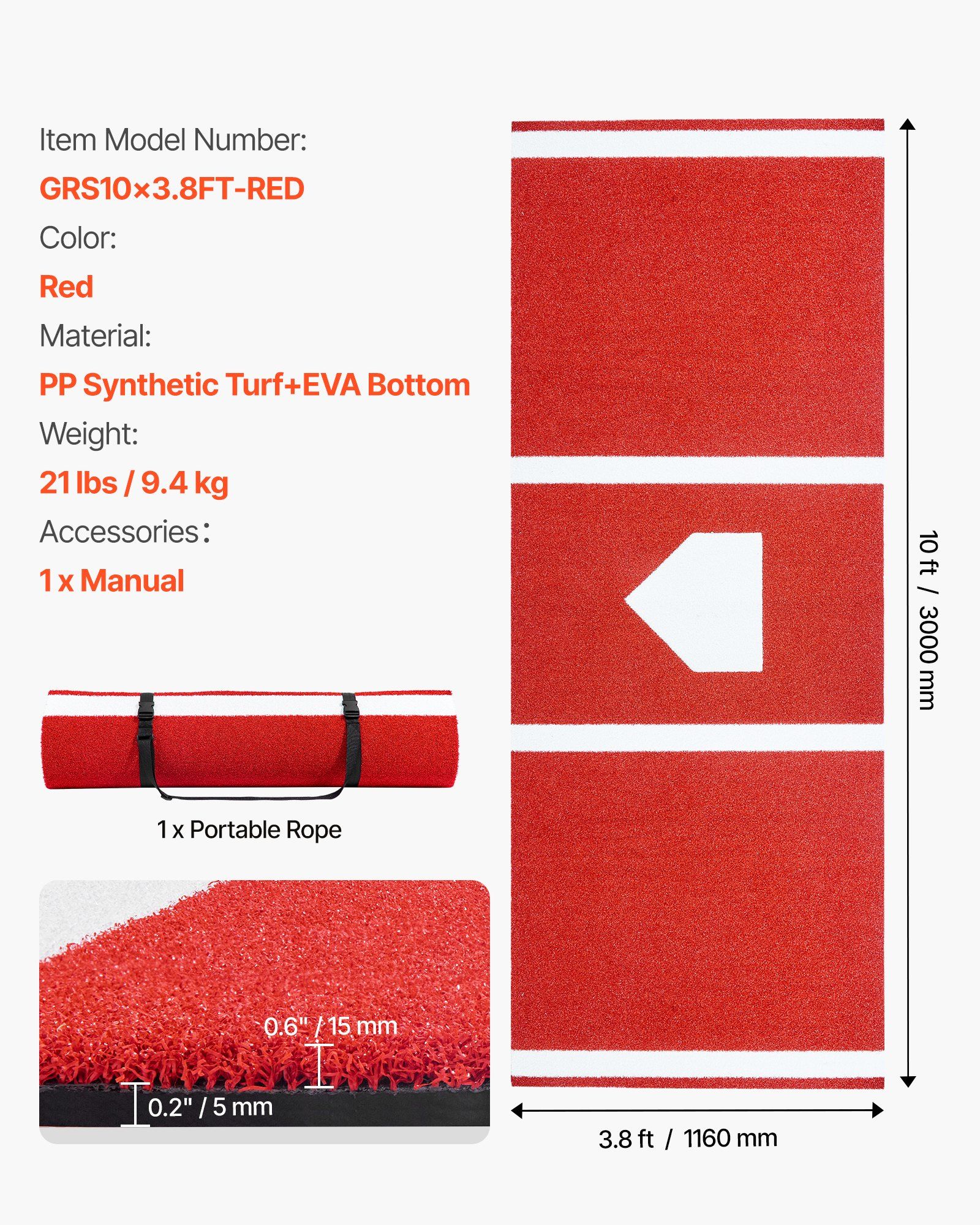 Baseball Hitting Mat, 300x116cm Batting Cage Mat, Batters Box Turf Mats, Softball Batting Practice Equipment with Home Plate and Anti Fade Turf, Portable Training Aid for Indoor Outdoor, Red - Image 7