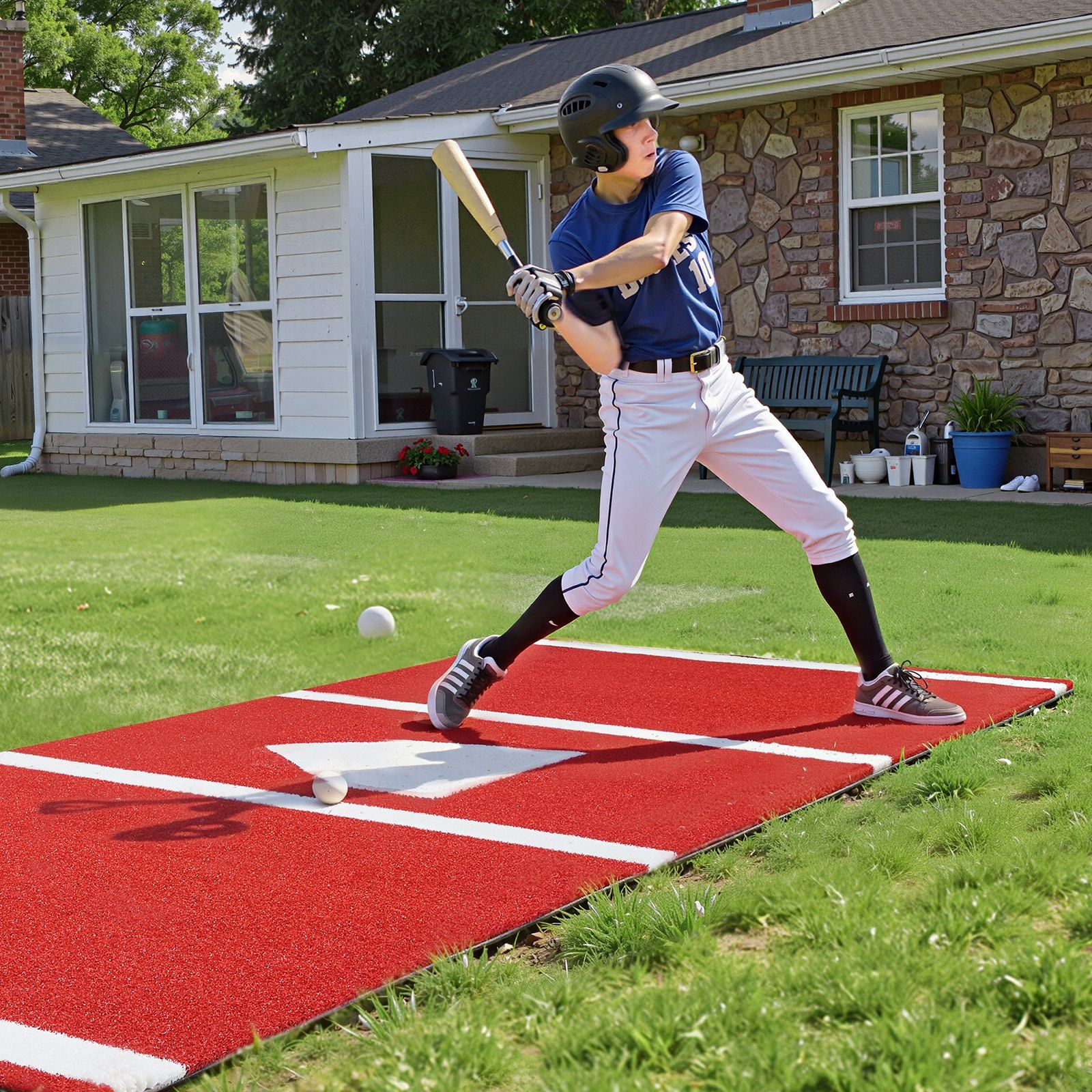 Baseball Hitting Mat, 300x116cm Batting Cage Mat, Batters Box Turf Mats, Softball Batting Practice Equipment with Home Plate and Anti Fade Turf, Portable Training Aid for Indoor Outdoor, Red - Image 8