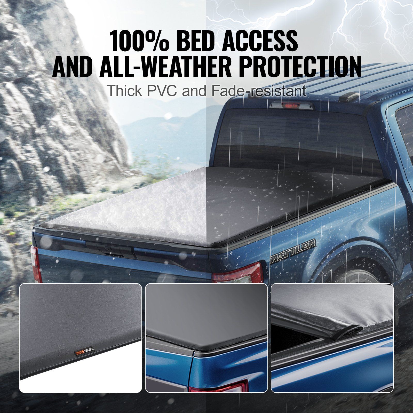 Truck Bed Cover, Roll Up Truck Bed Tonneau Cover, Compatible with 2009-2024 Ford F-150 Styleside Bed, for 1.7m x 1.7m Bed, Soft PVC material, 100% Bed Access Roll Up Tonneau Cover - Image 4