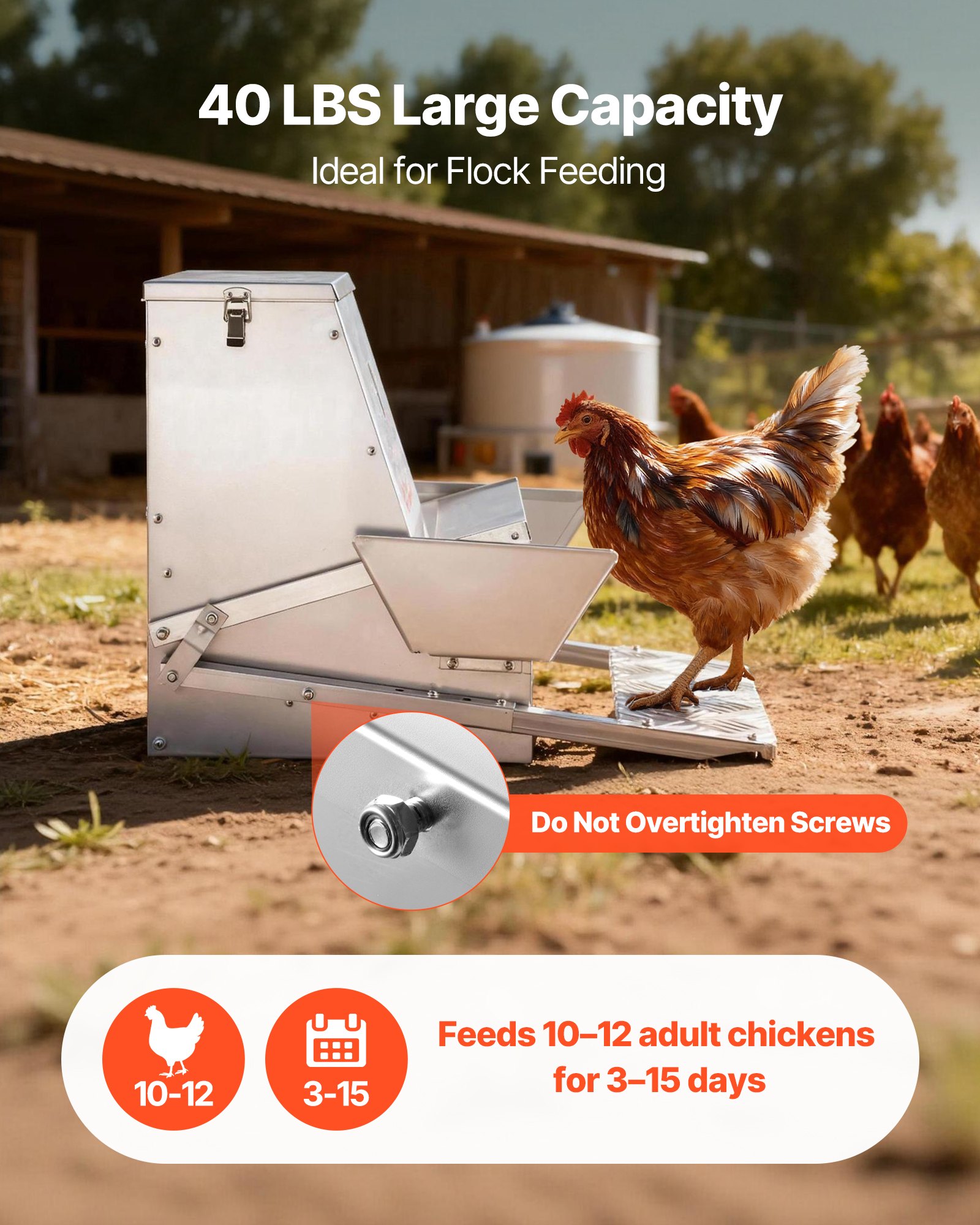 Automatic Chicken Feeder, 18.14 kg Capacity, Rainproof Treadle Poultry Feeder with Lockable Lid, No Waste, Galvanized Steel Construction, Outdoor Use, for Chicken, Bantams, Poultry, Pheasants - Image 3
