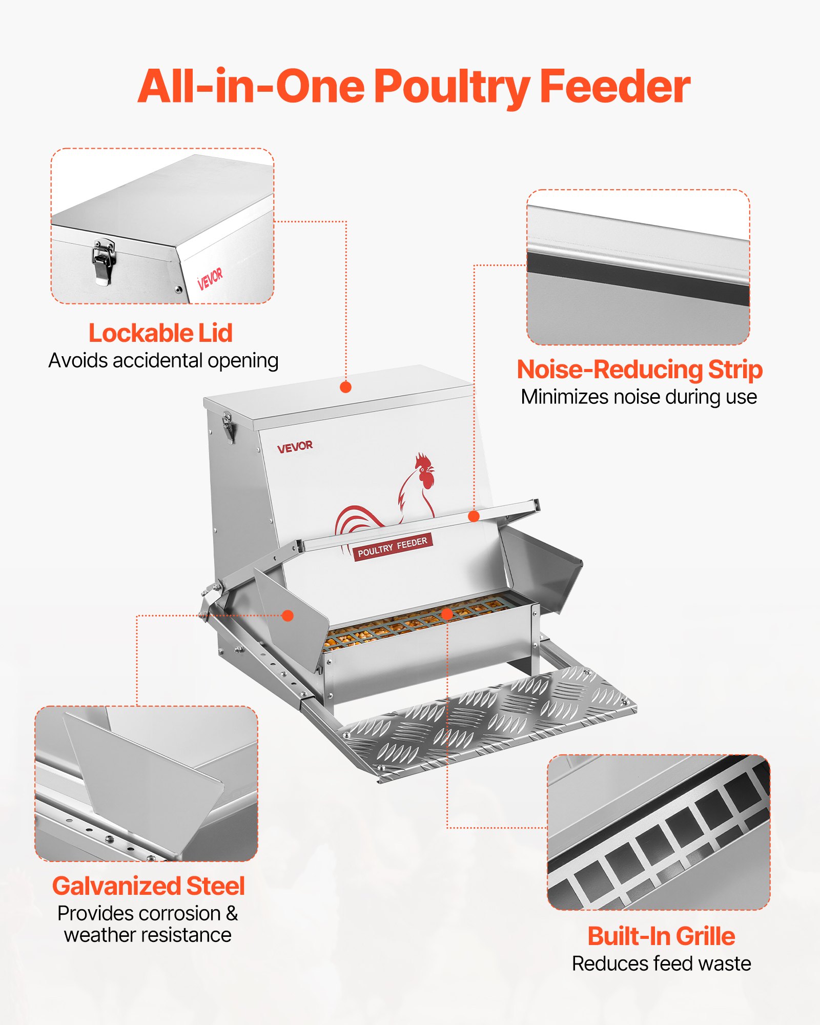 Automatic Chicken Feeder, 18.14 kg Capacity, Rainproof Treadle Poultry Feeder with Lockable Lid, No Waste, Galvanized Steel Construction, Outdoor Use, for Chicken, Bantams, Poultry, Pheasants - Image 6