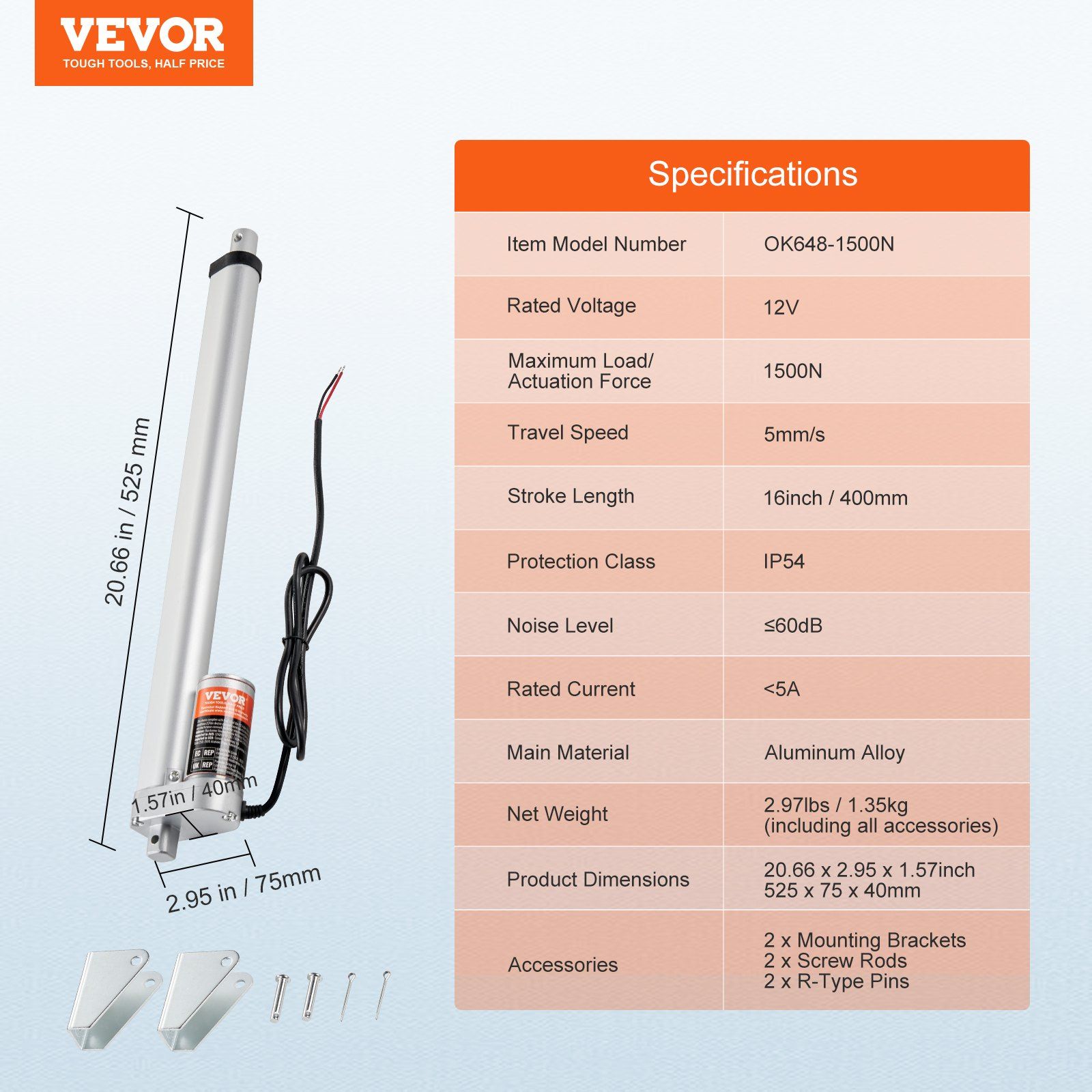 Linear Actuator 12V, 16 Inch High Load 330lbs/1500N Linear Actuator, 0.19
