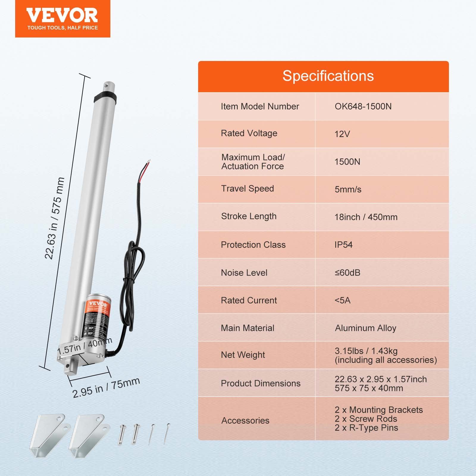 Linear Actuator 12V, 18 Inch High Load 330lbs/1500N Linear Actuator, 0.19