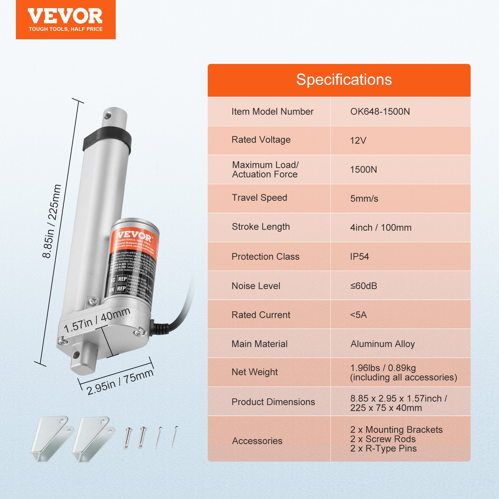 Linear Actuator 12V, 4 Inch High Load 330lbs/1500N Linear Actuator, 0.19