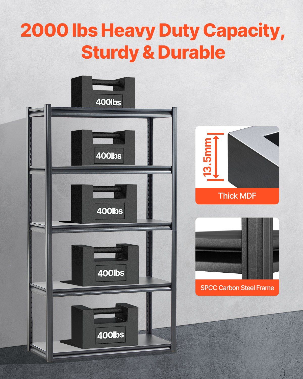 Storage Shelves, 2000 lbs, 5 Tier Garage Storage Shelving, 18