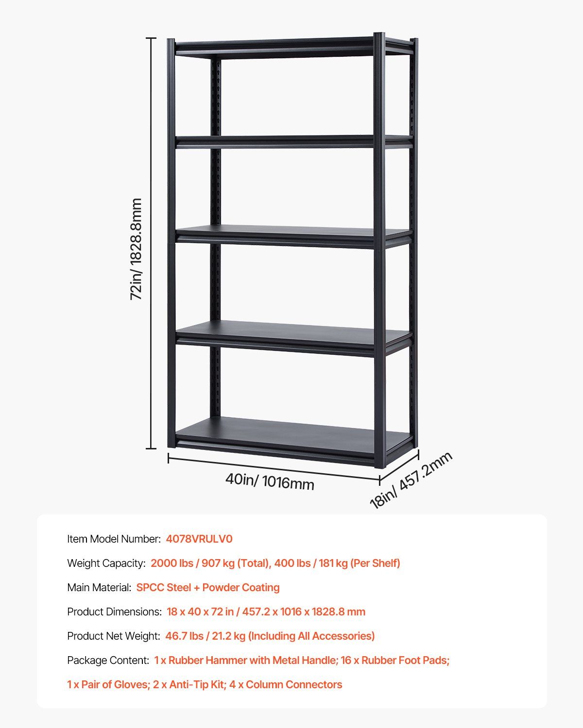 Storage Shelves, 2000 lbs, 5 Tier Garage Storage Shelving, 18