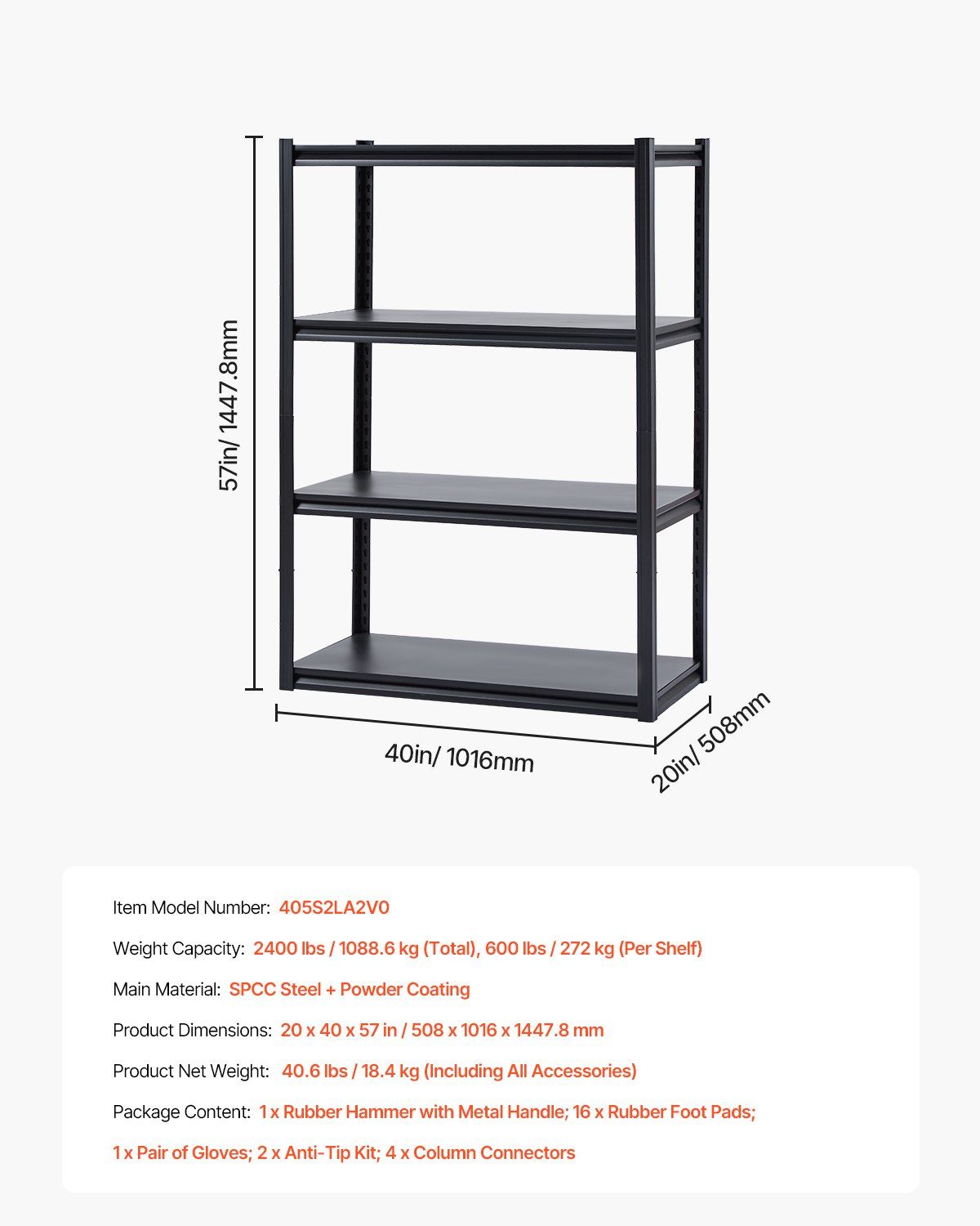 Storage Shelves, 2400 lbs, 4 Tier Garage Storage Shelving, 20