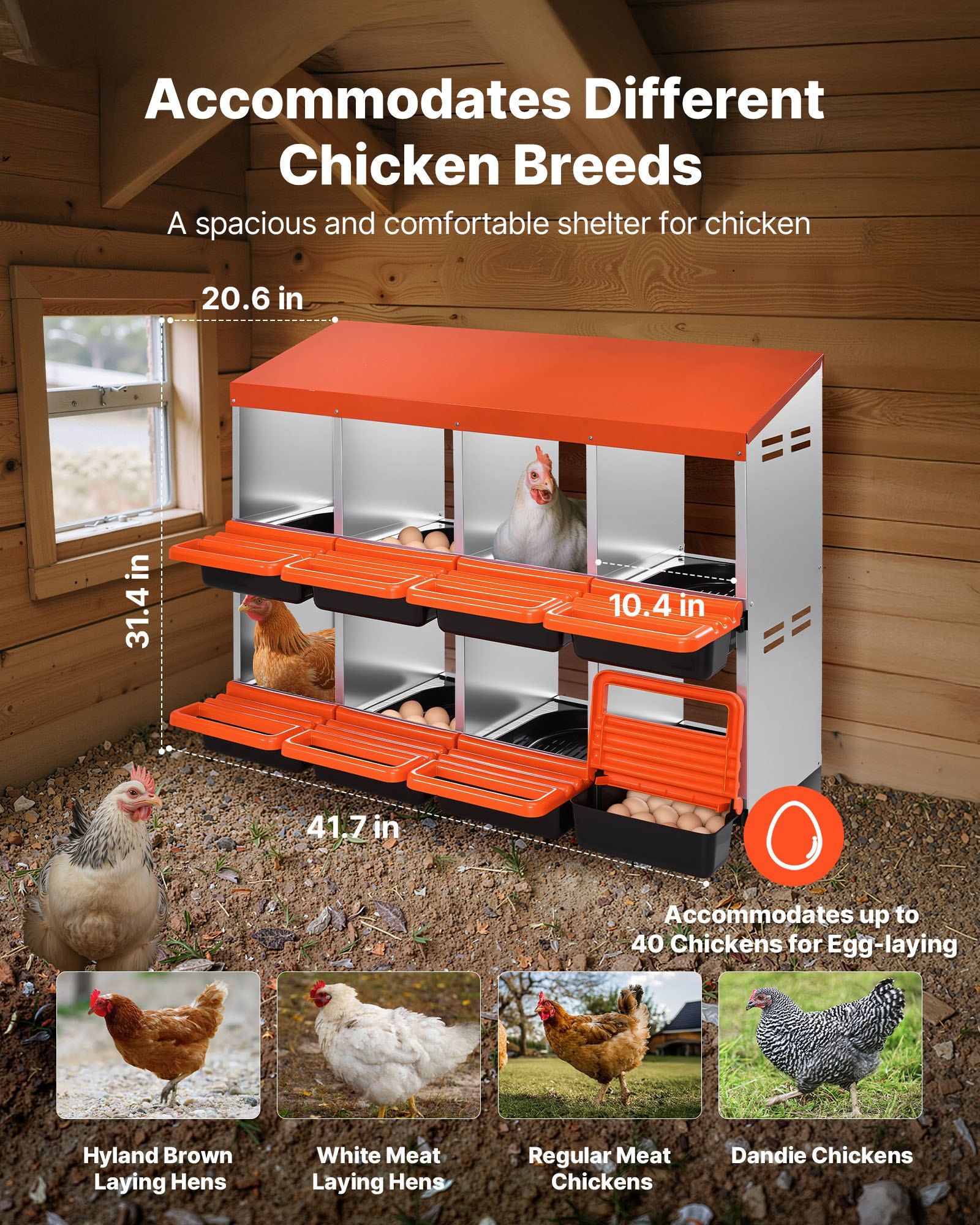 2 Tiers Chicken Nesting Boxes, 8 Compartments, Metal Egg Laying Boxes with Protective Collection Lids, Roll Out Nesting Box, Easy to Assemble, Ideal for Hens, Ducks, Chickens, and Other Poultry - Image 2