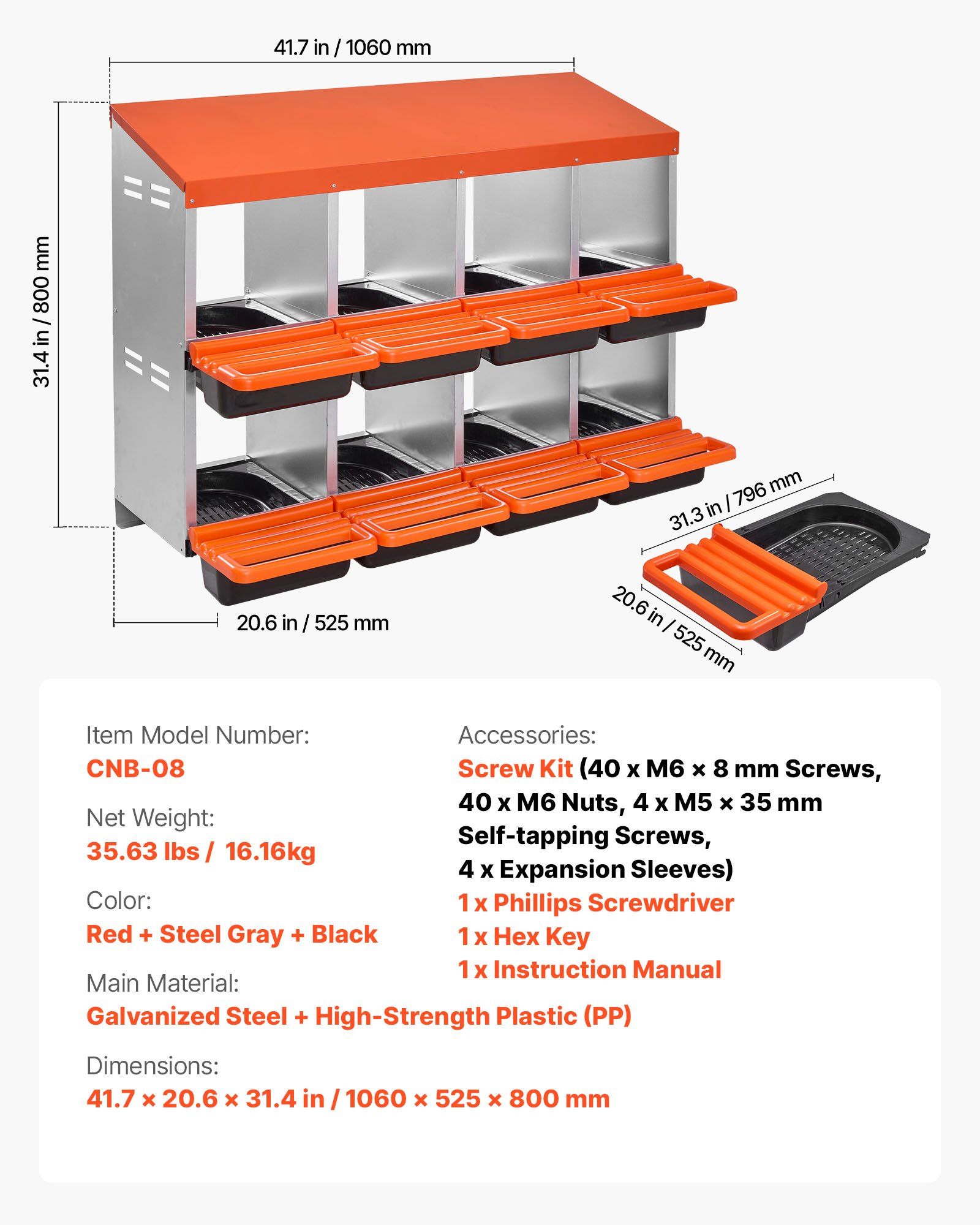 2 Tiers Chicken Nesting Boxes, 8 Compartments, Metal Egg Laying Boxes with Protective Collection Lids, Roll Out Nesting Box, Easy to Assemble, Ideal for Hens, Ducks, Chickens, and Other Poultry - Image 7