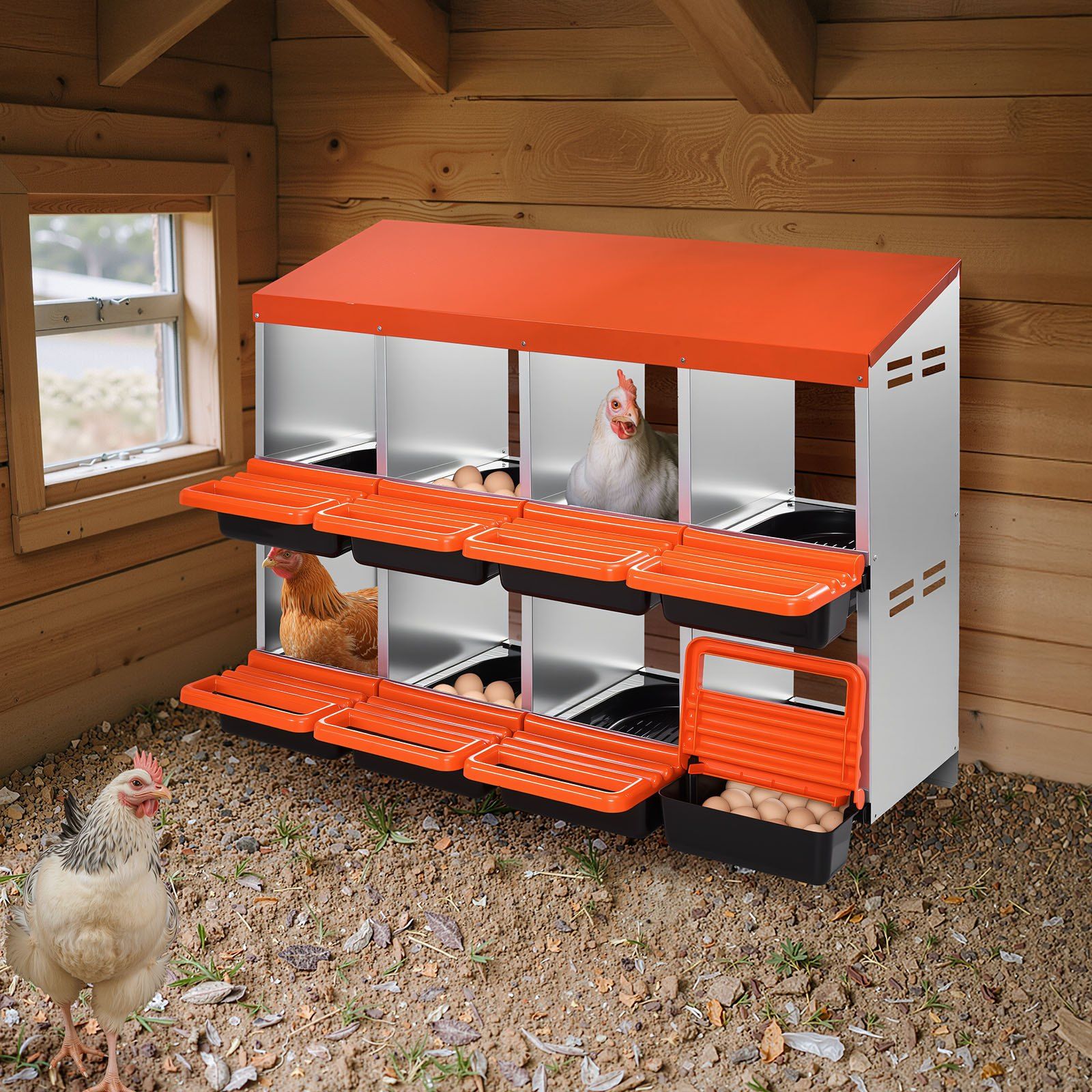 2 Tiers Chicken Nesting Boxes, 8 Compartments, Metal Egg Laying Boxes with Protective Collection Lids, Roll Out Nesting Box, Easy to Assemble, Ideal for Hens, Ducks, Chickens, and Other Poultry - Image 8