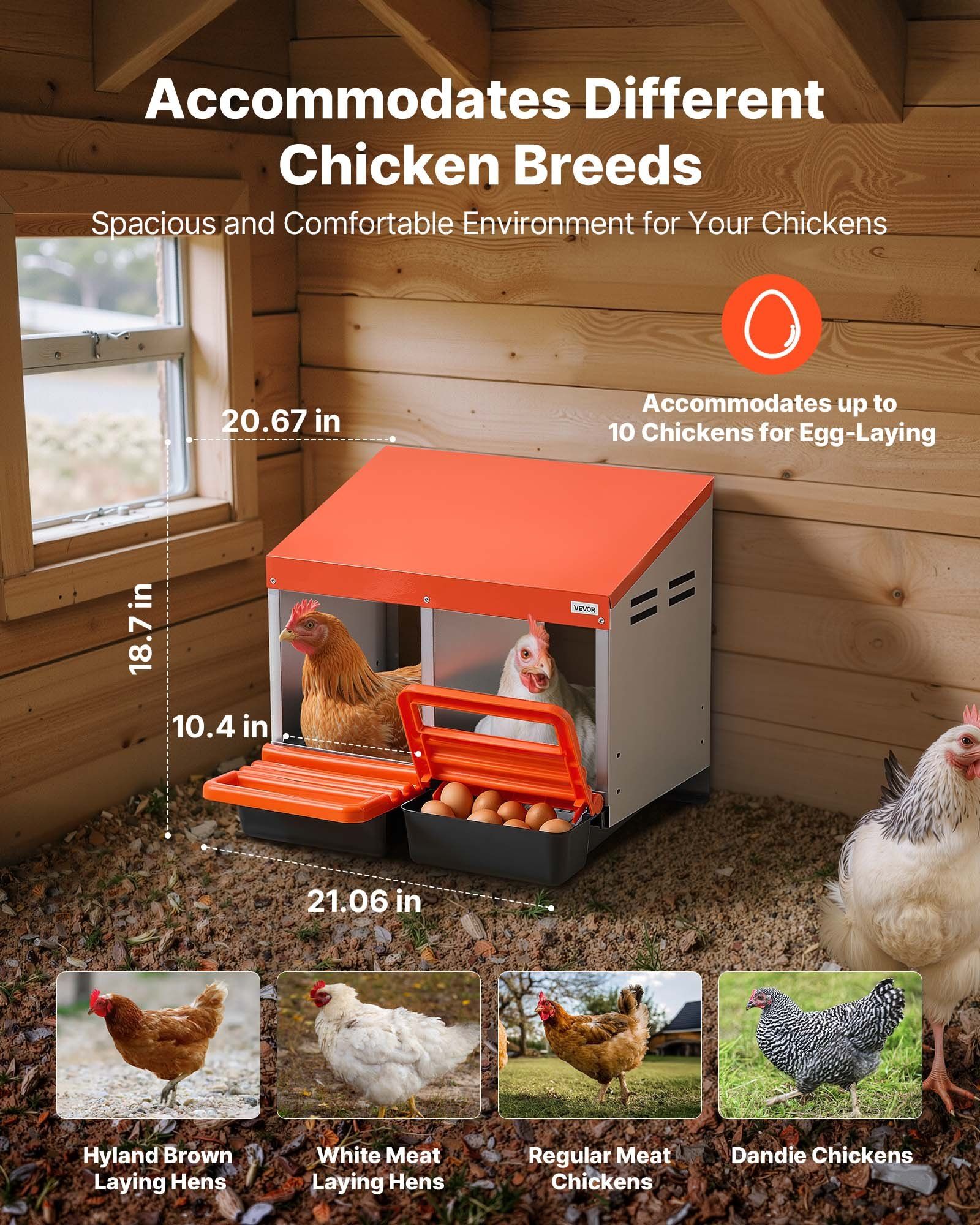 Chicken Nesting Boxes, 2 Compartments, Easy Egg Collection, Wall Mount, Easy to Assemble, Galvanized Steel and High-Strength Plastic, Roll Away Nesting Boxes for Chickens Laying Eggs, Orange - Image 2