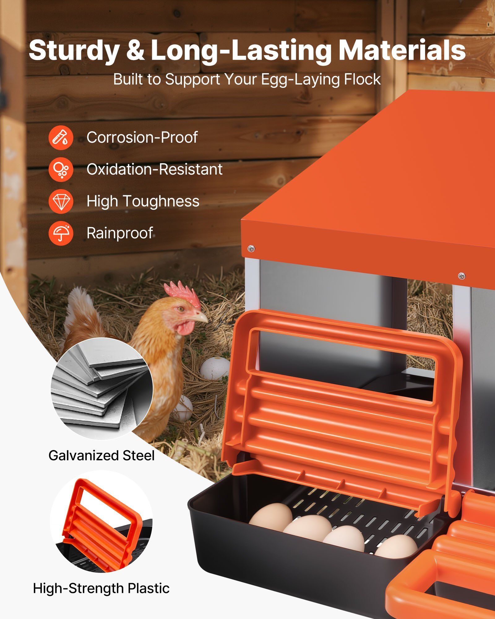 Chicken Nesting Boxes, 2 Compartments, Easy Egg Collection, Wall Mount, Easy to Assemble, Galvanized Steel and High-Strength Plastic, Roll Away Nesting Boxes for Chickens Laying Eggs, Orange - Image 3