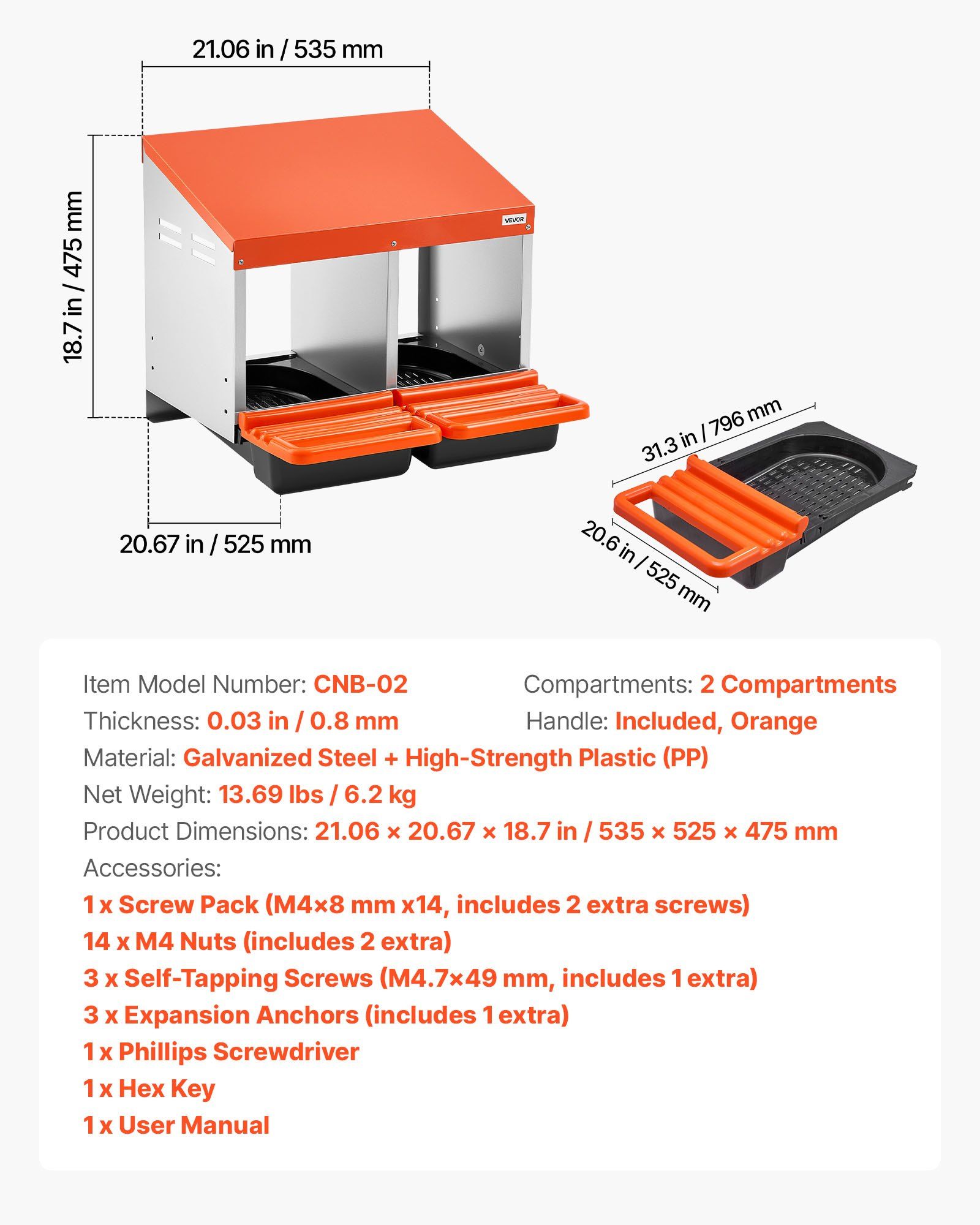 Chicken Nesting Boxes, 2 Compartments, Easy Egg Collection, Wall Mount, Easy to Assemble, Galvanized Steel and High-Strength Plastic, Roll Away Nesting Boxes for Chickens Laying Eggs, Orange - Image 7