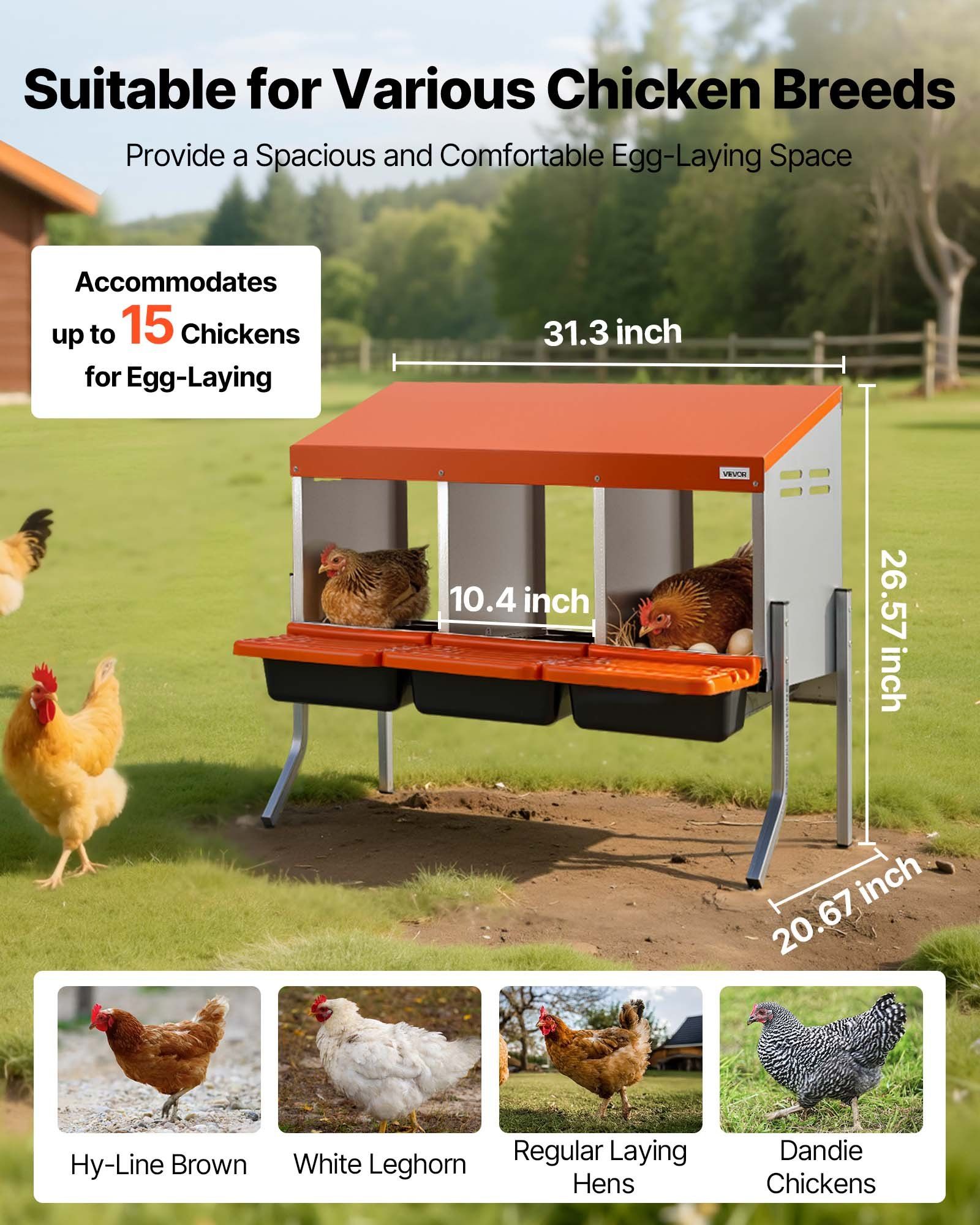 Chicken Nesting Boxes, 3 Compartments, with Support Legs, Easy Egg Collection, Galvanized Steel and High-Strength Plastic, Roll Away Nesting Boxes for Chickens and Hens Laying Eggs, Orange - Image 2