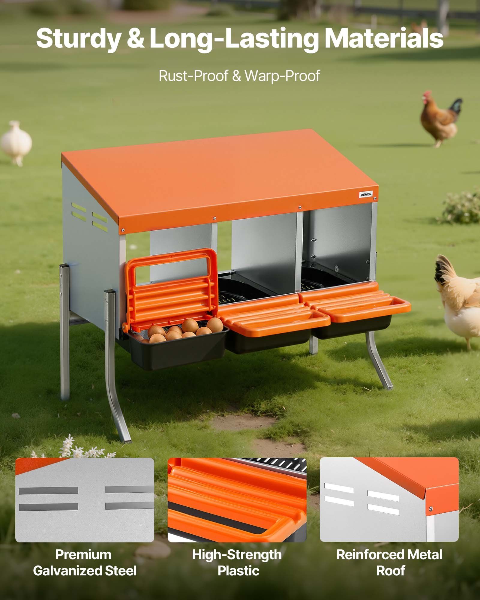 Chicken Nesting Boxes, 3 Compartments, with Support Legs, Easy Egg Collection, Galvanized Steel and High-Strength Plastic, Roll Away Nesting Boxes for Chickens and Hens Laying Eggs, Orange - Image 3