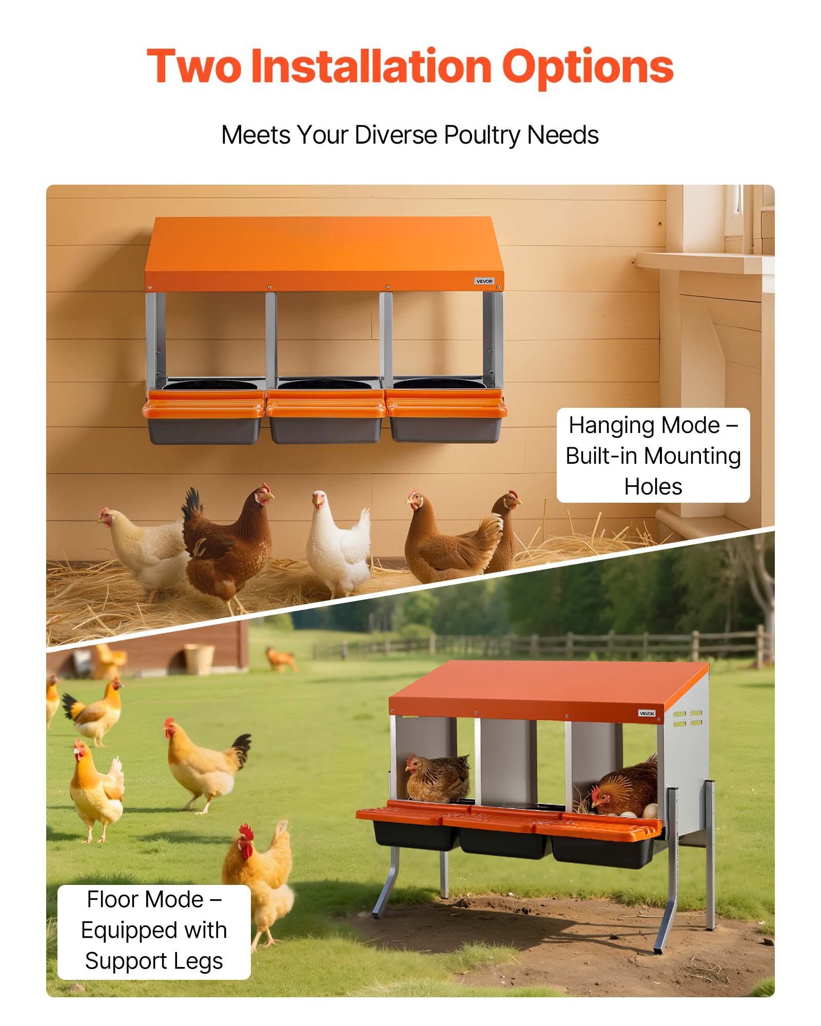Chicken Nesting Boxes, 3 Compartments, with Support Legs, Easy Egg Collection, Galvanized Steel and High-Strength Plastic, Roll Away Nesting Boxes for Chickens and Hens Laying Eggs, Orange - Image 6