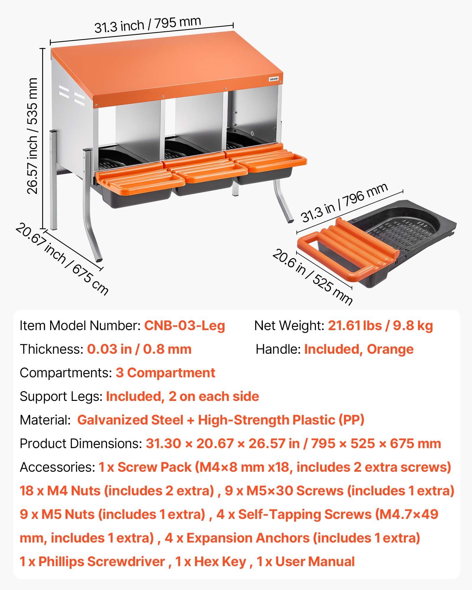 Chicken Nesting Boxes, 3 Compartments, with Support Legs, Easy Egg Collection, Galvanized Steel and High-Strength Plastic, Roll Away Nesting Boxes for Chickens and Hens Laying Eggs, Orange - Image 7