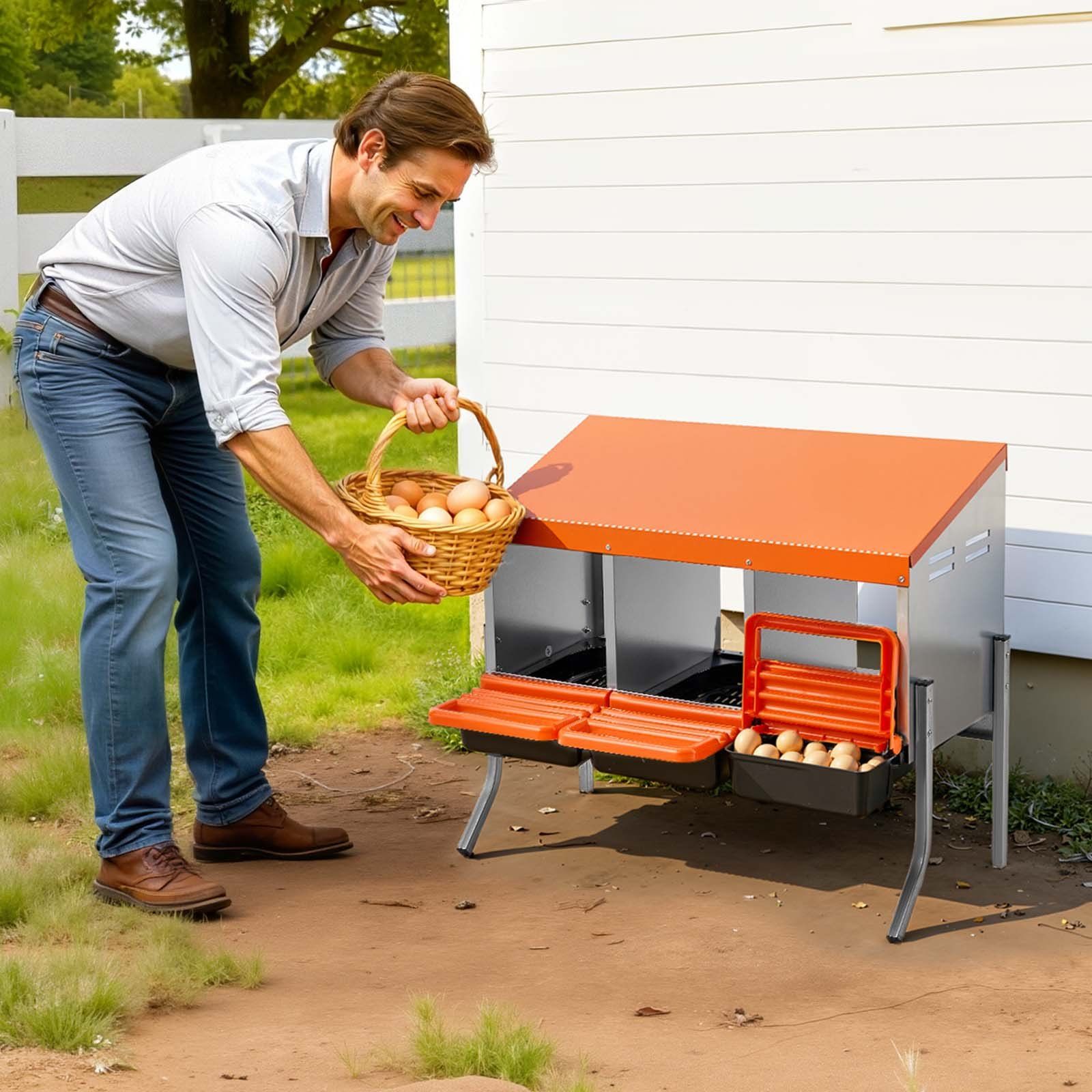 Chicken Nesting Boxes, 3 Compartments, with Support Legs, Easy Egg Collection, Galvanized Steel and High-Strength Plastic, Roll Away Nesting Boxes for Chickens and Hens Laying Eggs, Orange - Image 8