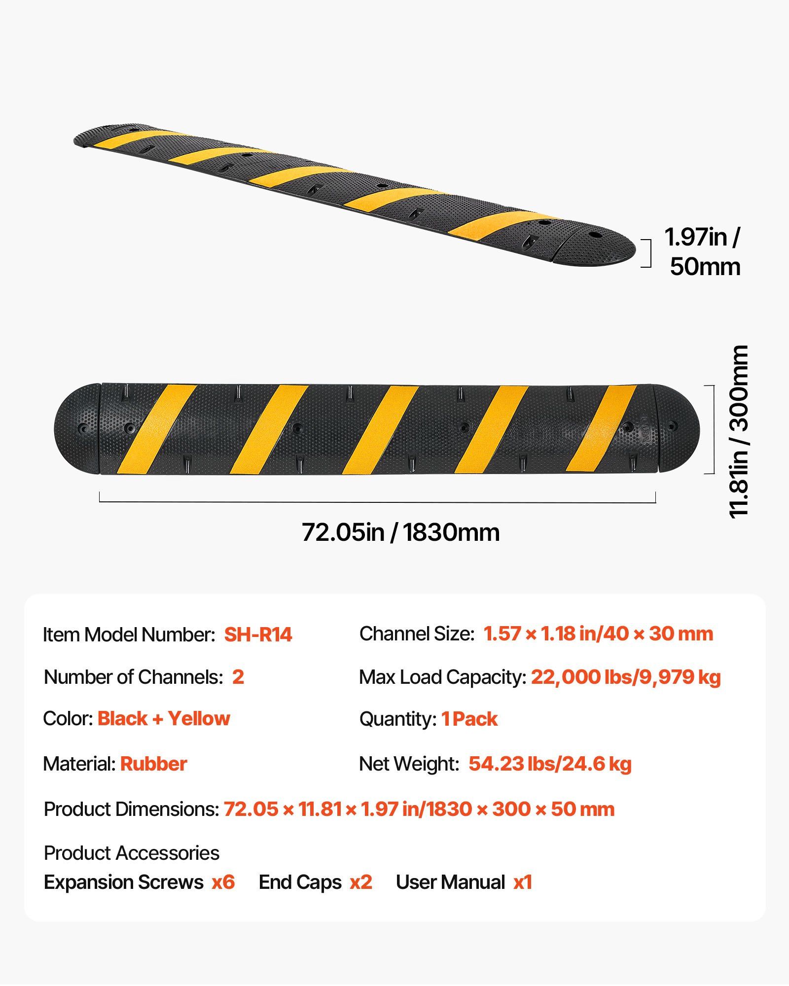1830MM Rubber Speed Bump, 2 Channel, Heavy Duty Traffic Speed Hump, 9,979 kg/axle Load Capacity, Cable Protector Ramp with Expansion Screws, for Asphalt Concrete Gravel Driveway Road, 1 Pack - Image 7