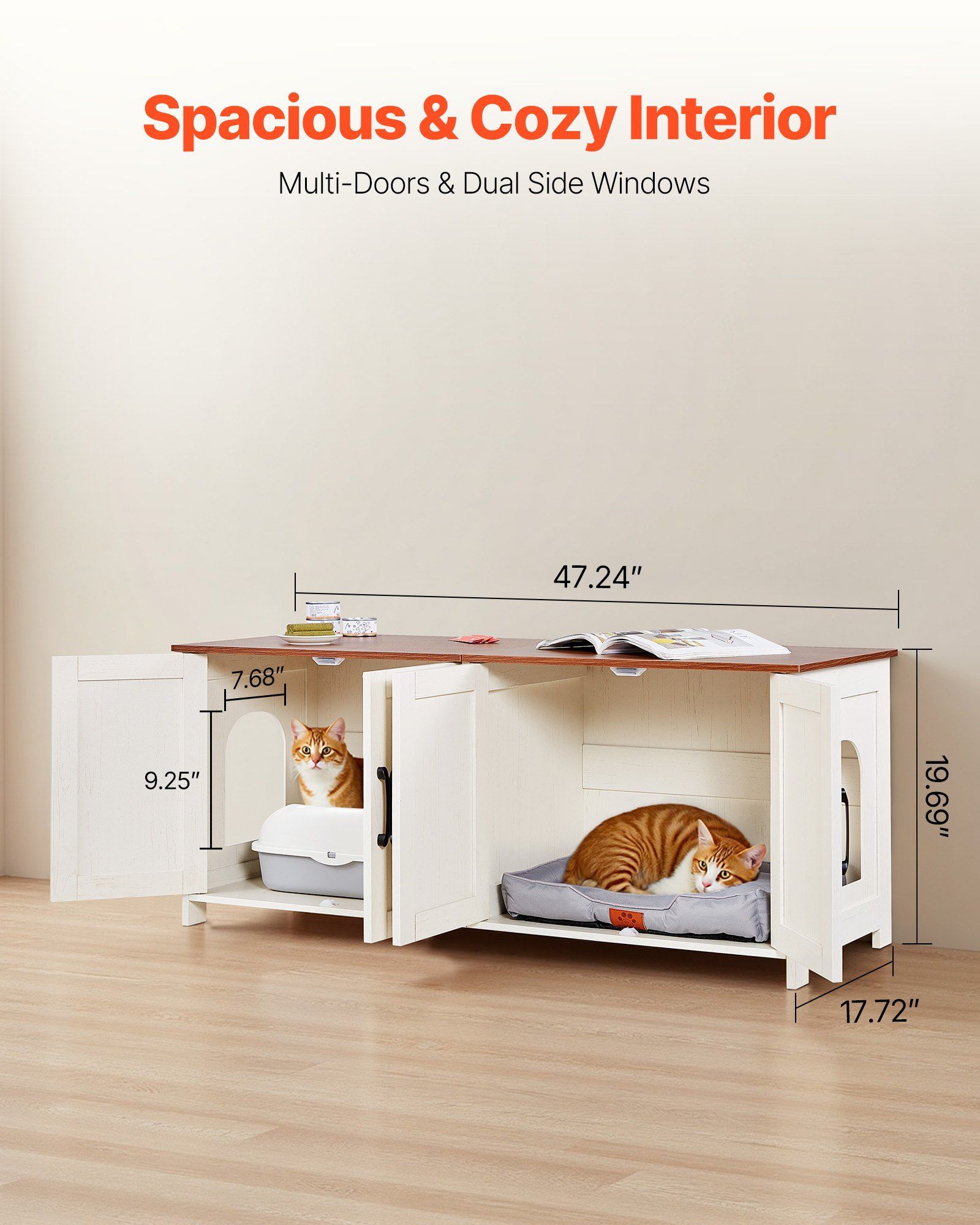 Cat Litter Box Enclosure for Multi Cats, 120 cm Hidden Litter Box Cabinet with 4 Doors & 2 Entries, Indoor Cat Washroom, Wooden Kitty House Furniture, Fit Most Litterboxes, Brown & White - Image 2