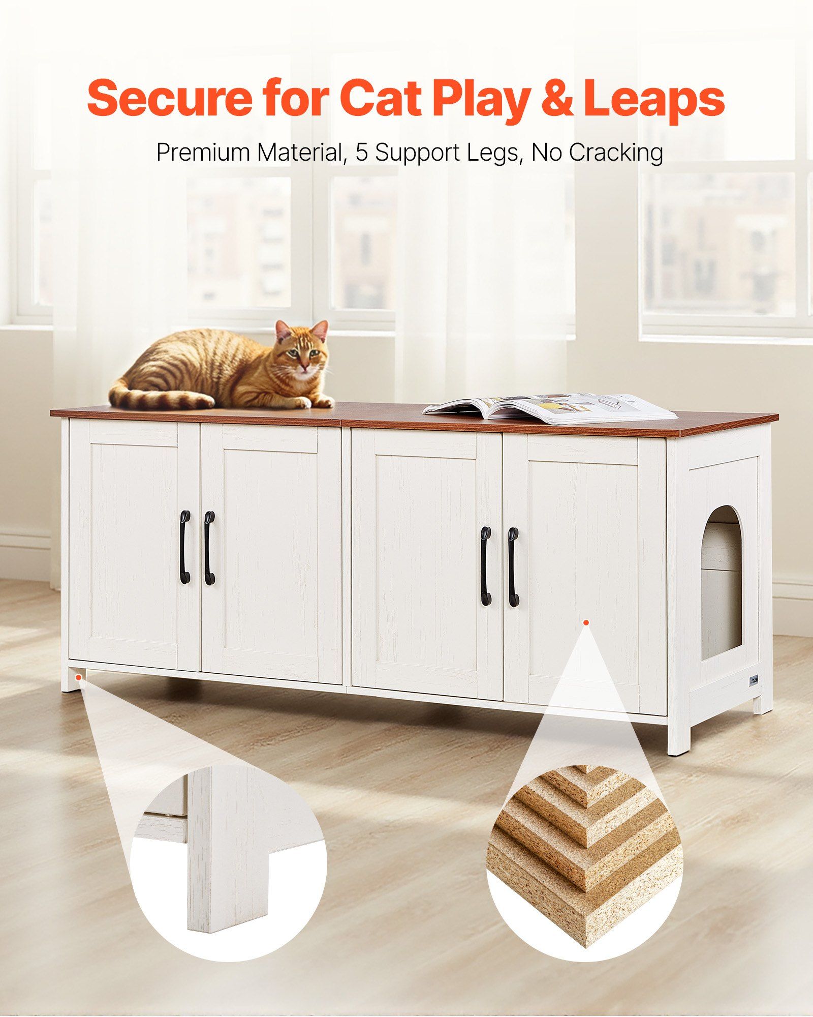 Cat Litter Box Enclosure for Multi Cats, 120 cm Hidden Litter Box Cabinet with 4 Doors & 2 Entries, Indoor Cat Washroom, Wooden Kitty House Furniture, Fit Most Litterboxes, Brown & White - Image 3