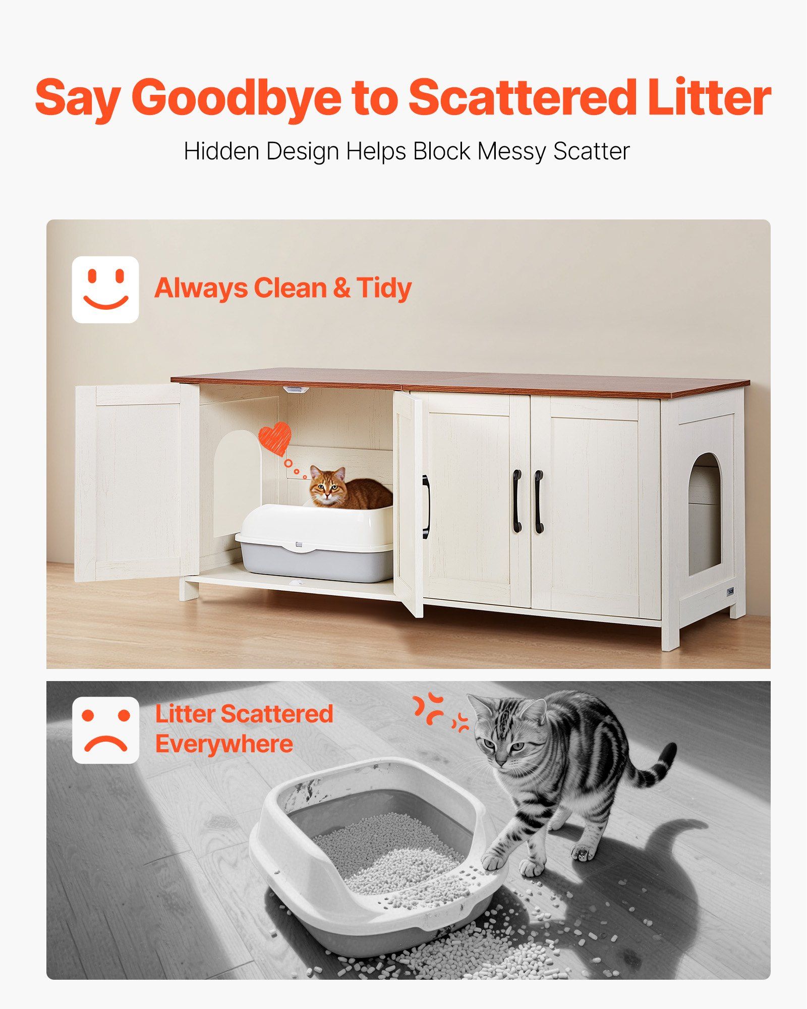 Cat Litter Box Enclosure for Multi Cats, 120 cm Hidden Litter Box Cabinet with 4 Doors & 2 Entries, Indoor Cat Washroom, Wooden Kitty House Furniture, Fit Most Litterboxes, Brown & White - Image 5