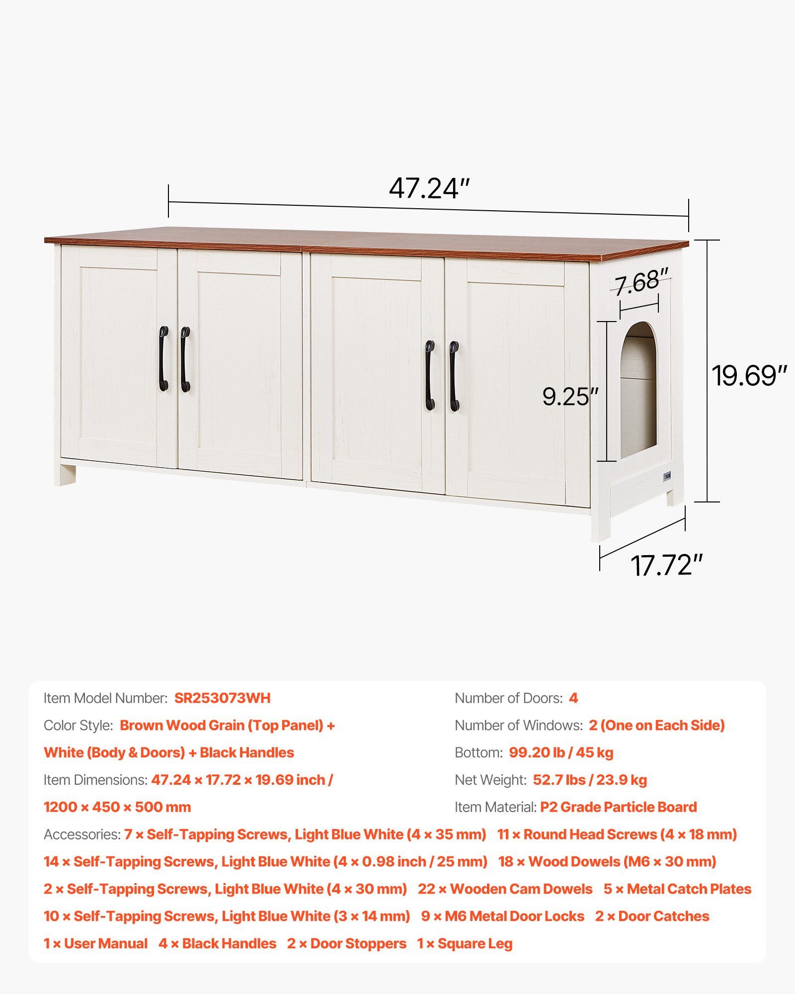 Cat Litter Box Enclosure for Multi Cats, 120 cm Hidden Litter Box Cabinet with 4 Doors & 2 Entries, Indoor Cat Washroom, Wooden Kitty House Furniture, Fit Most Litterboxes, Brown & White - Image 7