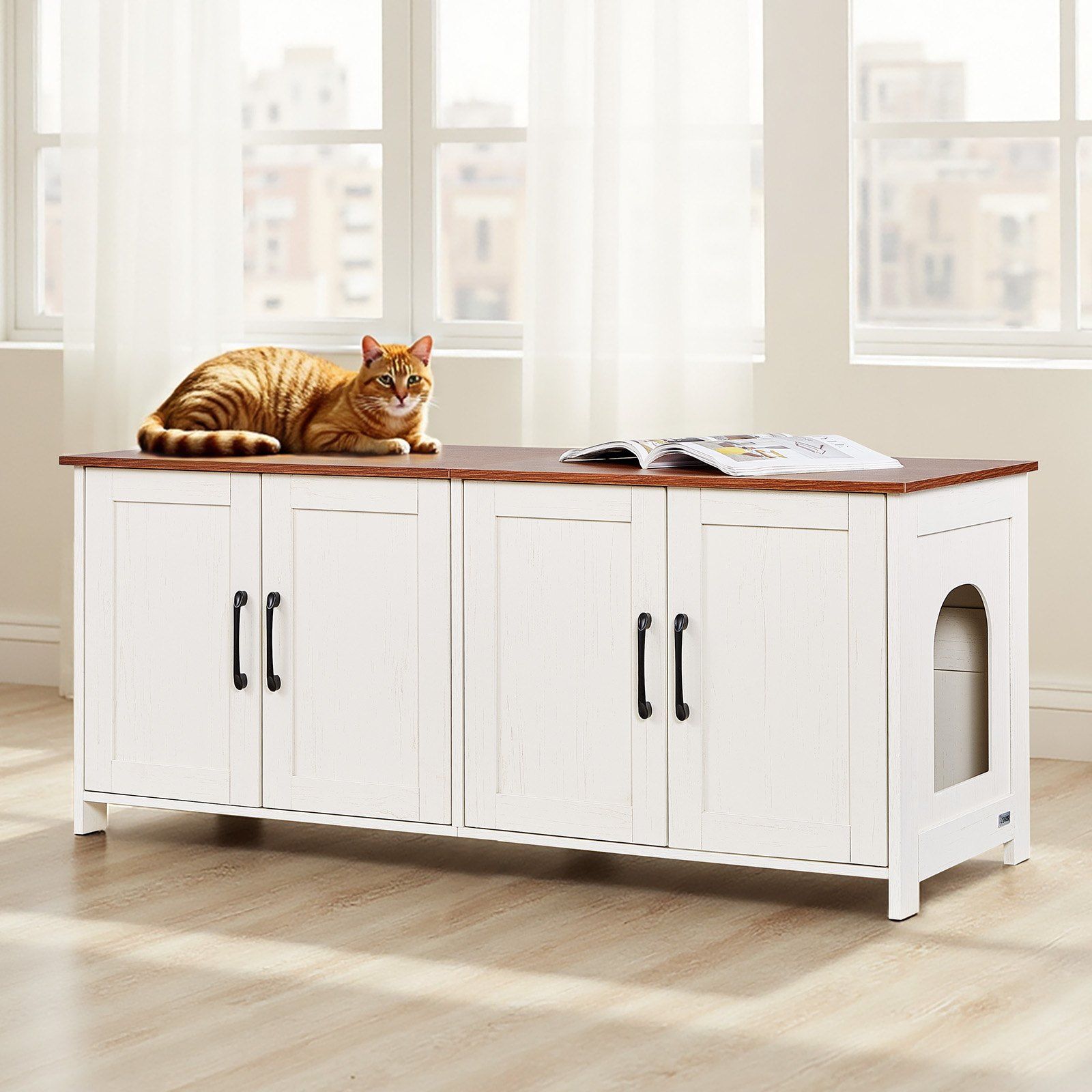 Cat Litter Box Enclosure for Multi Cats, 120 cm Hidden Litter Box Cabinet with 4 Doors & 2 Entries, Indoor Cat Washroom, Wooden Kitty House Furniture, Fit Most Litterboxes, Brown & White - Image 8