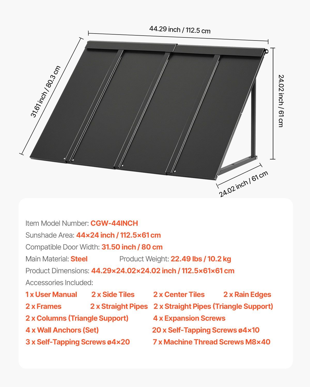 Fixed Metal Awning 1125 × 610 mm, Window Awning Door Canopy, Stable Triangle Steel Frame Awnings for Doors Exterior Rain, and Snow Sunlight Protection for Door Entrance, Windows, Porches, Balconies - Image 7