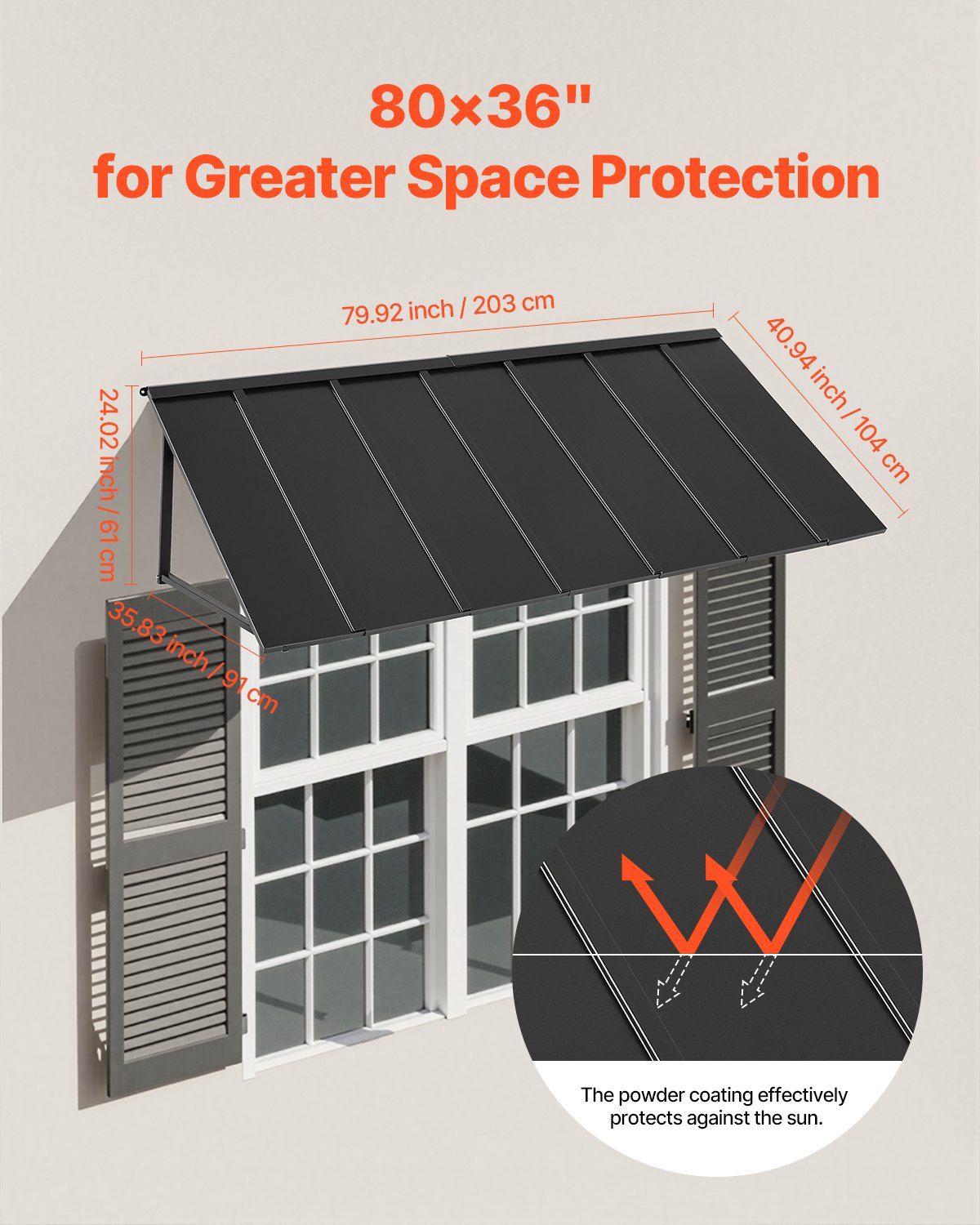 Fixed Metal Awning 2032 × 910 mm, Window Awning Door Canopy, Stable Triangle Steel Frame Exterior Awnings Rain, and Snow Sunlight Protection for Door Entrance, Windows, Porches, Balconies - Image 4