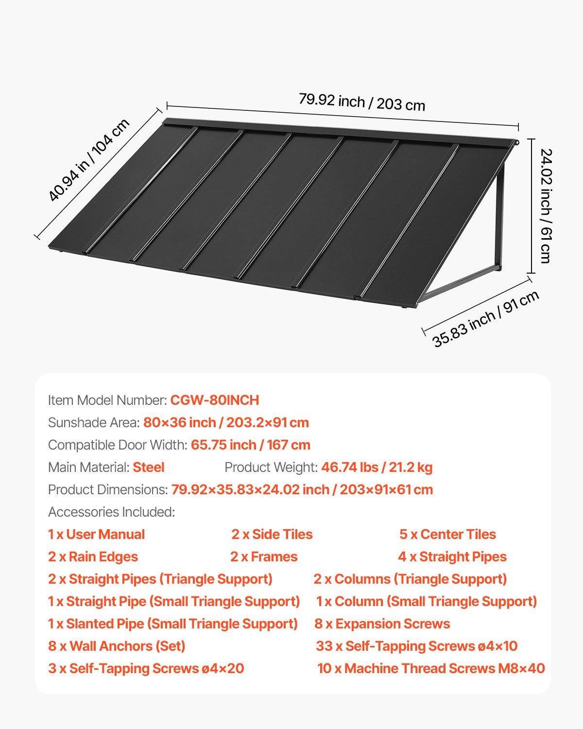 Fixed Metal Awning 2032 × 910 mm, Window Awning Door Canopy, Stable Triangle Steel Frame Exterior Awnings Rain, and Snow Sunlight Protection for Door Entrance, Windows, Porches, Balconies - Image 7