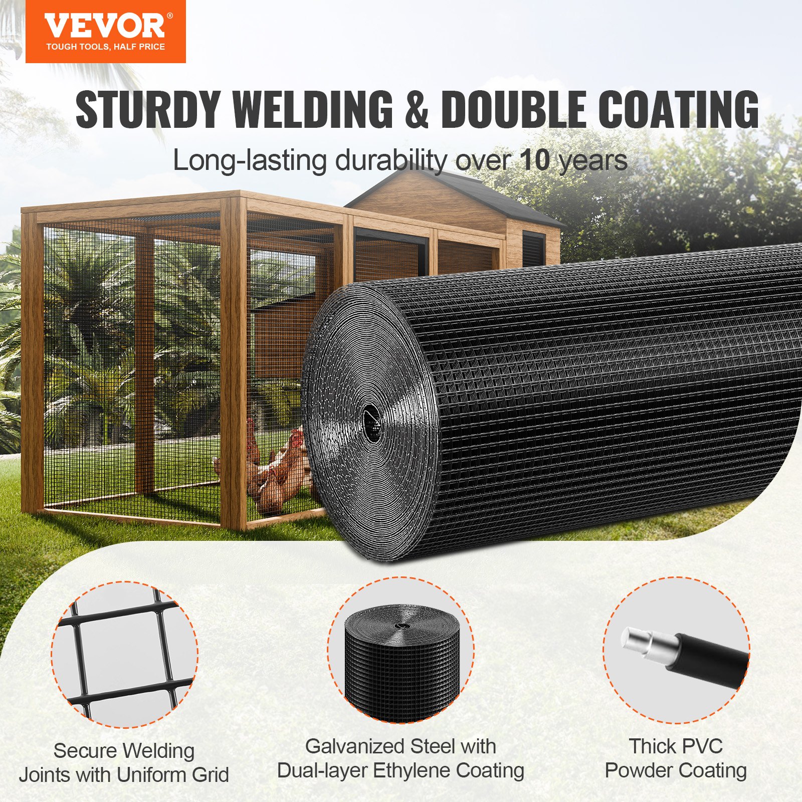 Hardware Cloth, 36'' x 50' Galvanized Wire Mesh Roll, 19 Gauge Chicken Wire Fence Roll, Vinyl Coating Metal Wire Mesh for Chicken Coop Barrier, Rabbit Snake Fences, Poultry Enclosures - Image 2