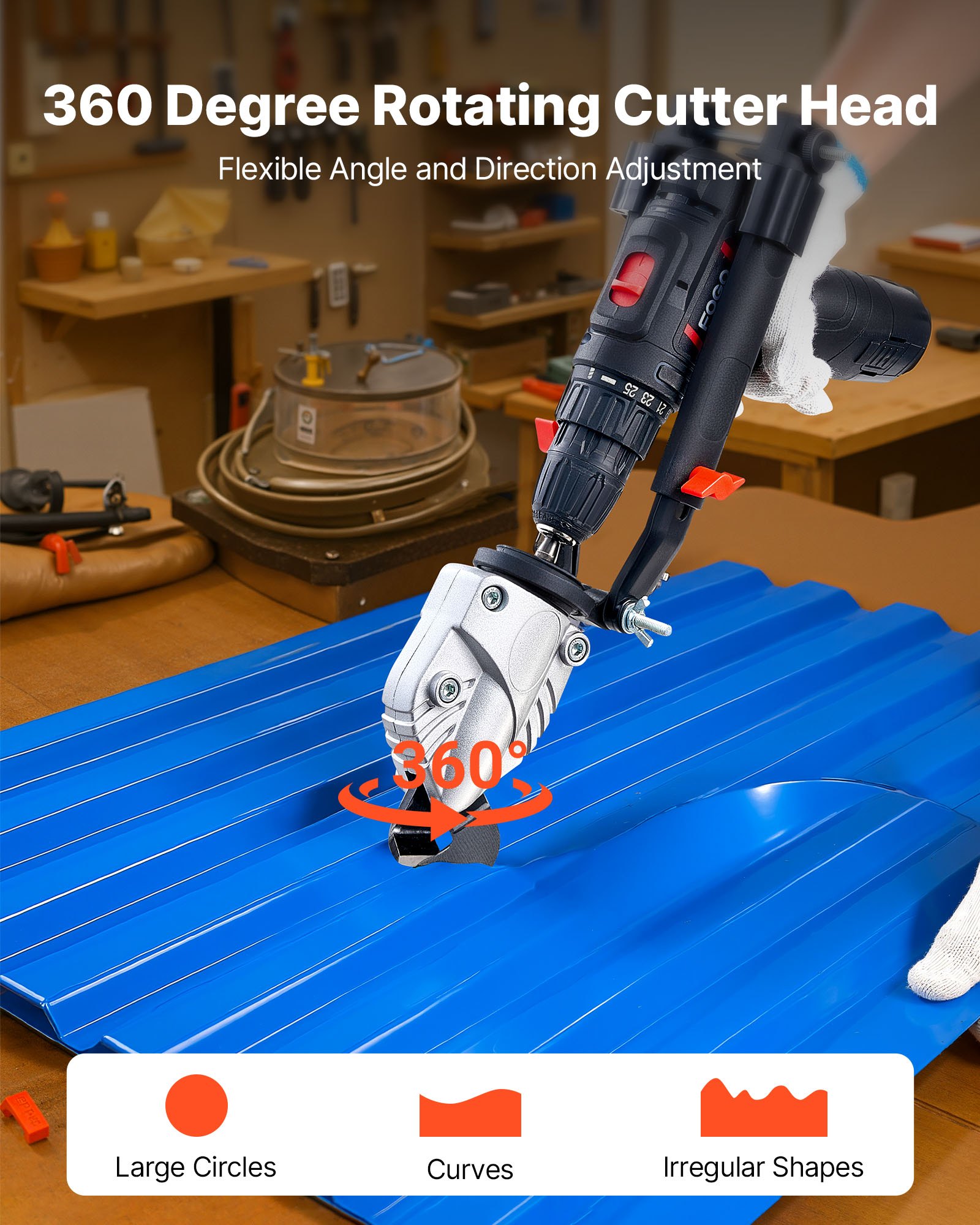 Metal Shear/Cutter Drill Attachment, Sheet Metal Cutter with 360-Degree Pivoting Head, Sharp Blades,Ideal for 18 GA Galvanized Steel, 20 GA Stainless Steel, Aluminum Plate, Plastic, Cardboard - Image 4