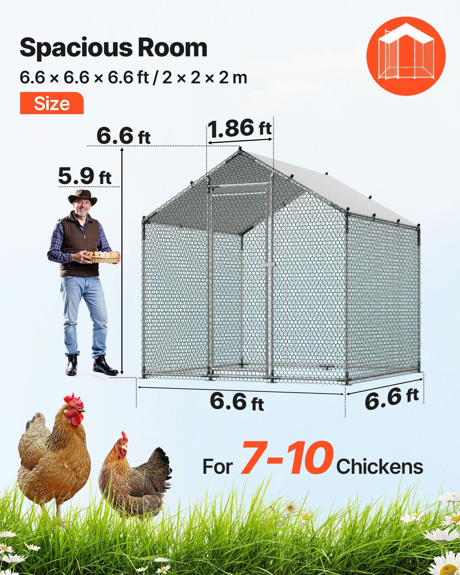 Metal Chicken Coop, 6.56x6.56x6.56ft Large Walk-in Chicken Runs with Cover, Spire Roof Hen House Enclosure with Security Lock, Outdoor Duck Rabbit Cage Poultry Pen for Backyard, Farm, Yard - Image 2